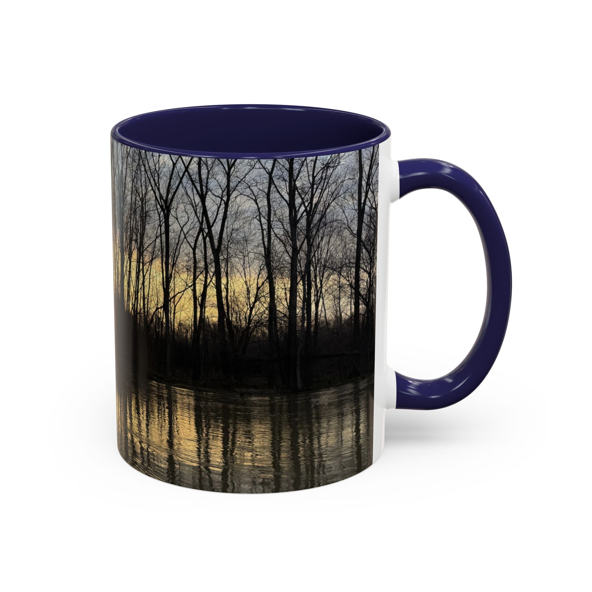 Sunset Reflection Coffee Mug — Forest Silhouette Accent Mug