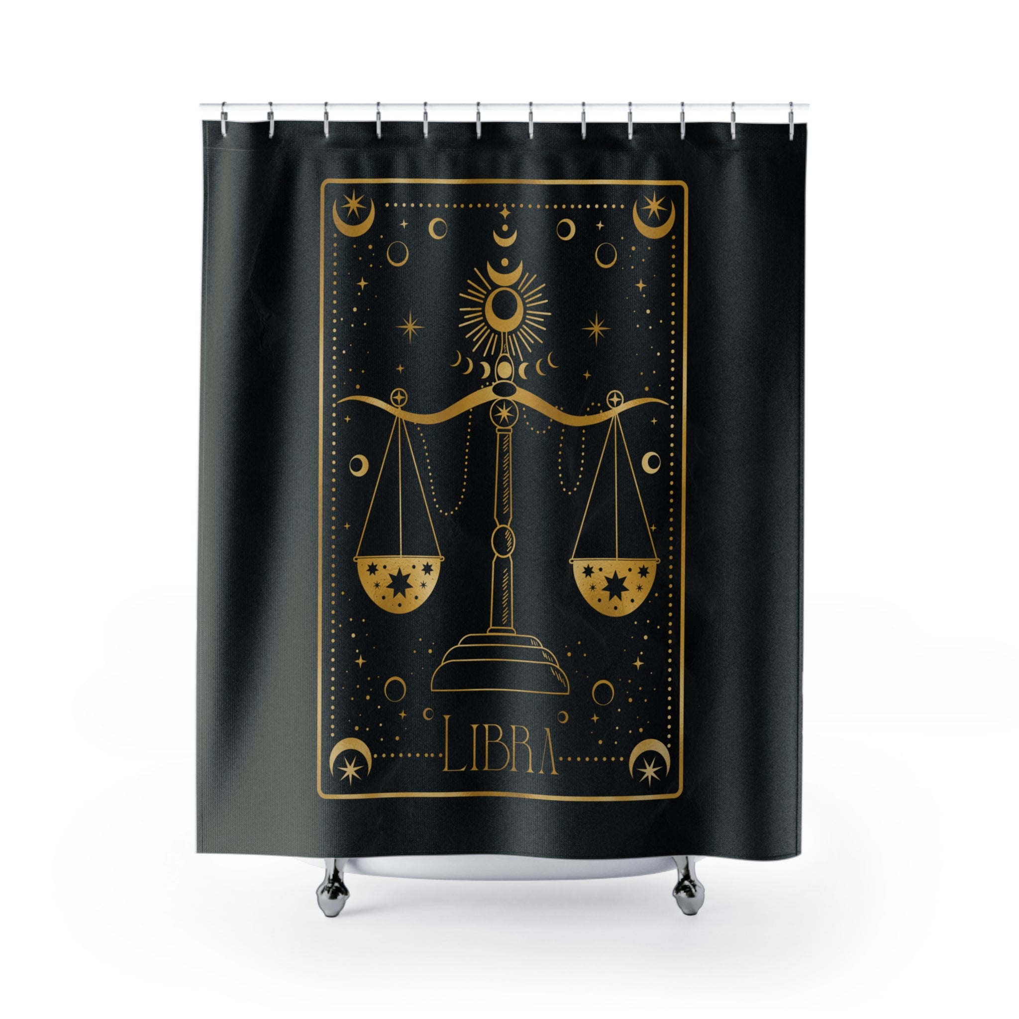 Libra Zodiac Shower Curtain — Gold Scales Celestial Astrology Bathroom Decor