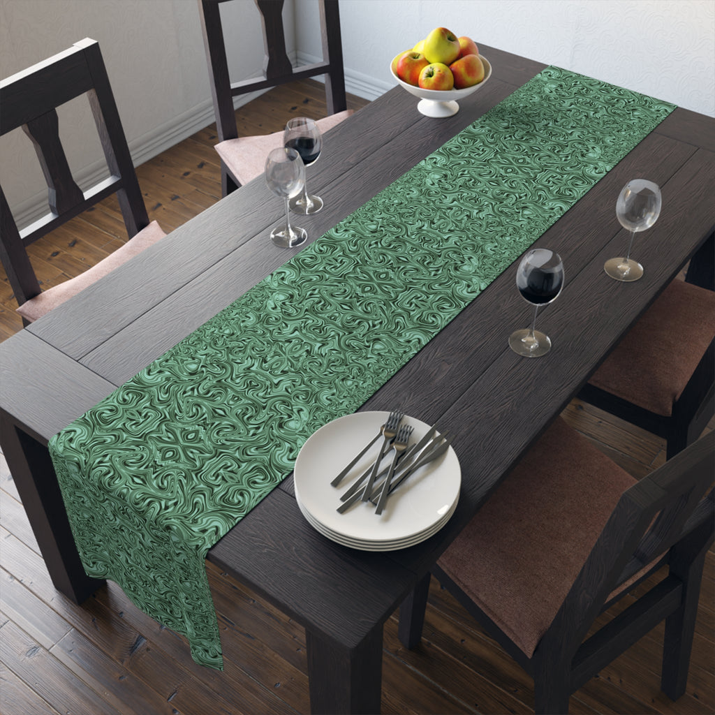 Emerald Marble Table Runner — Green Swirl Cotton-Poly Dining Decor