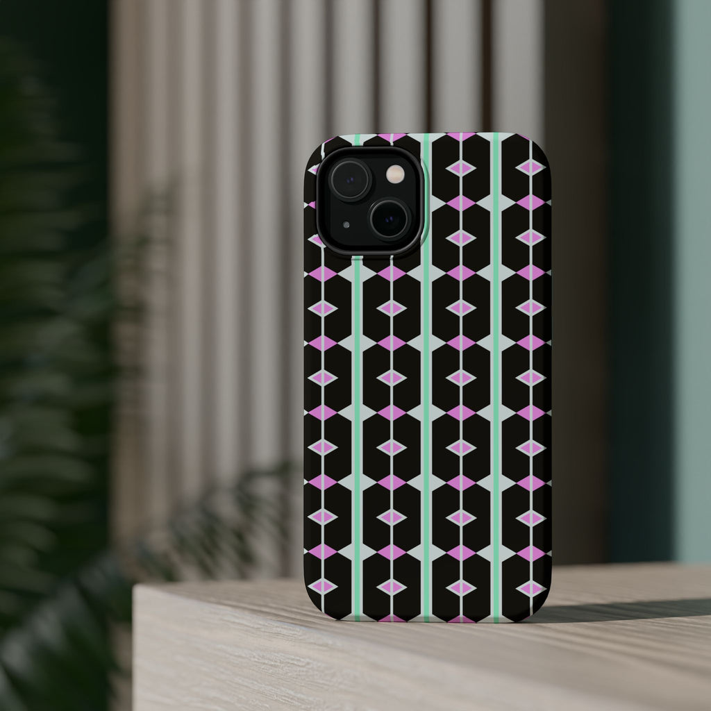 Geom Stripe Magnetic Phone Case — Black with Mint & Lavender Pattern