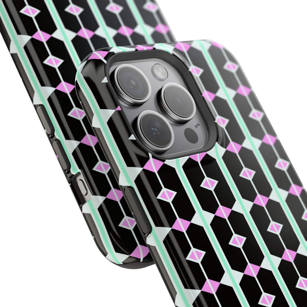 Geom Stripe Magnetic Phone Case — Black with Mint & Lavender Pattern