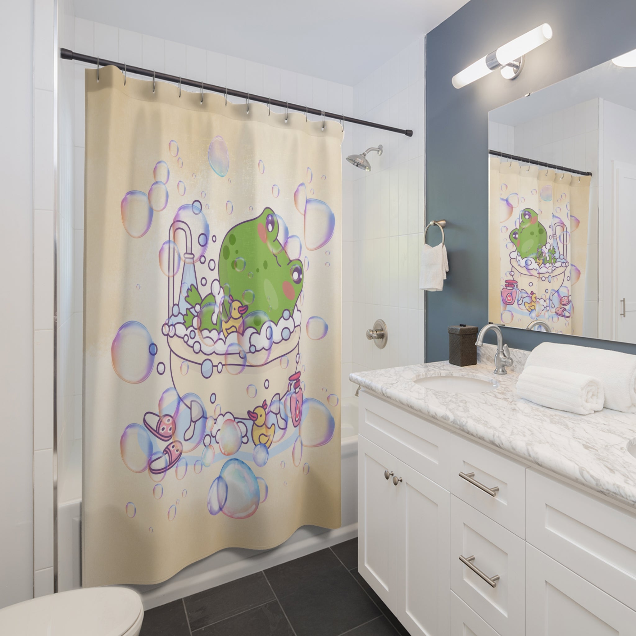 Cute Frog Bubble Bath Shower Curtain — Playful Bathroom Decor