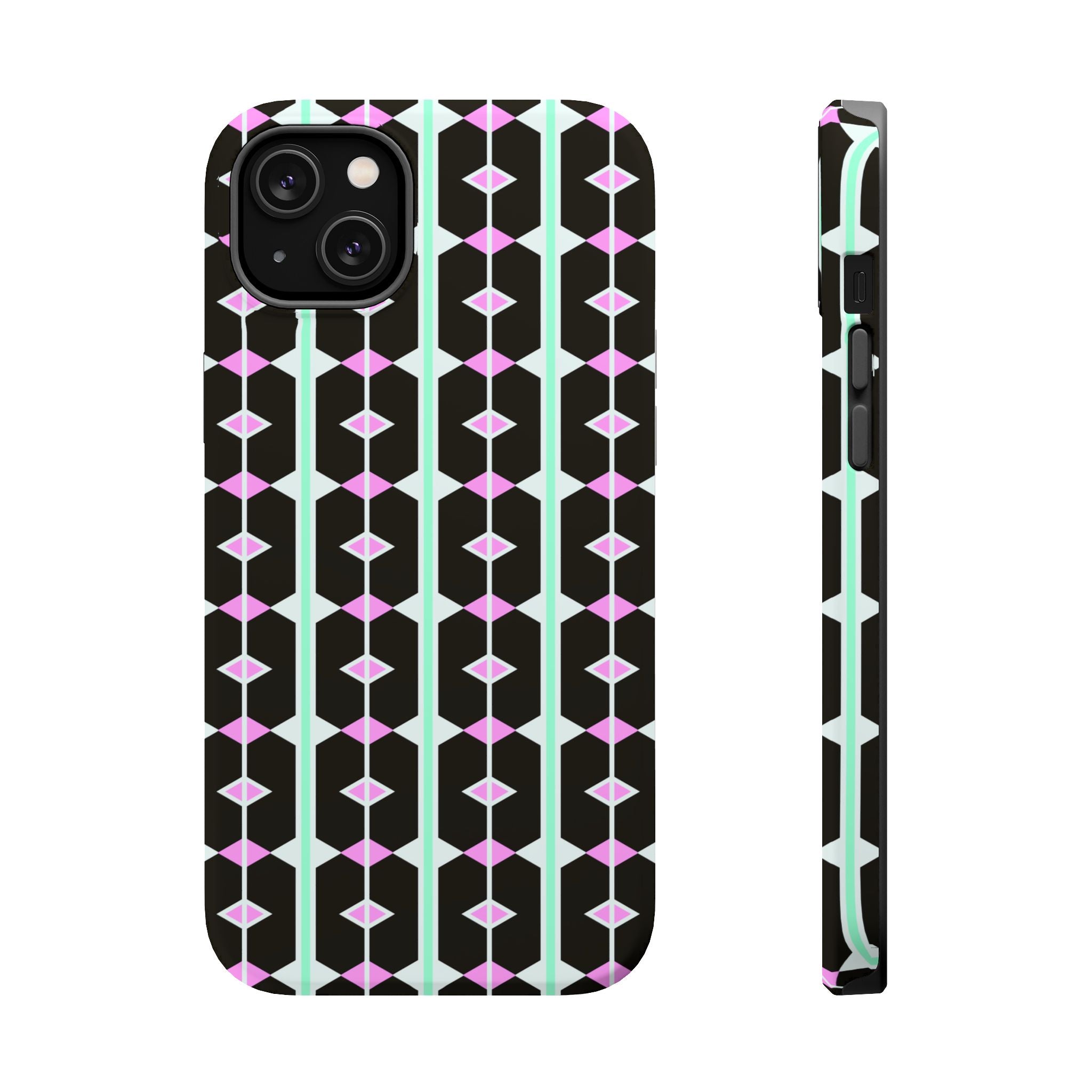 Geom Stripe Magnetic Phone Case — Black with Mint & Lavender Pattern