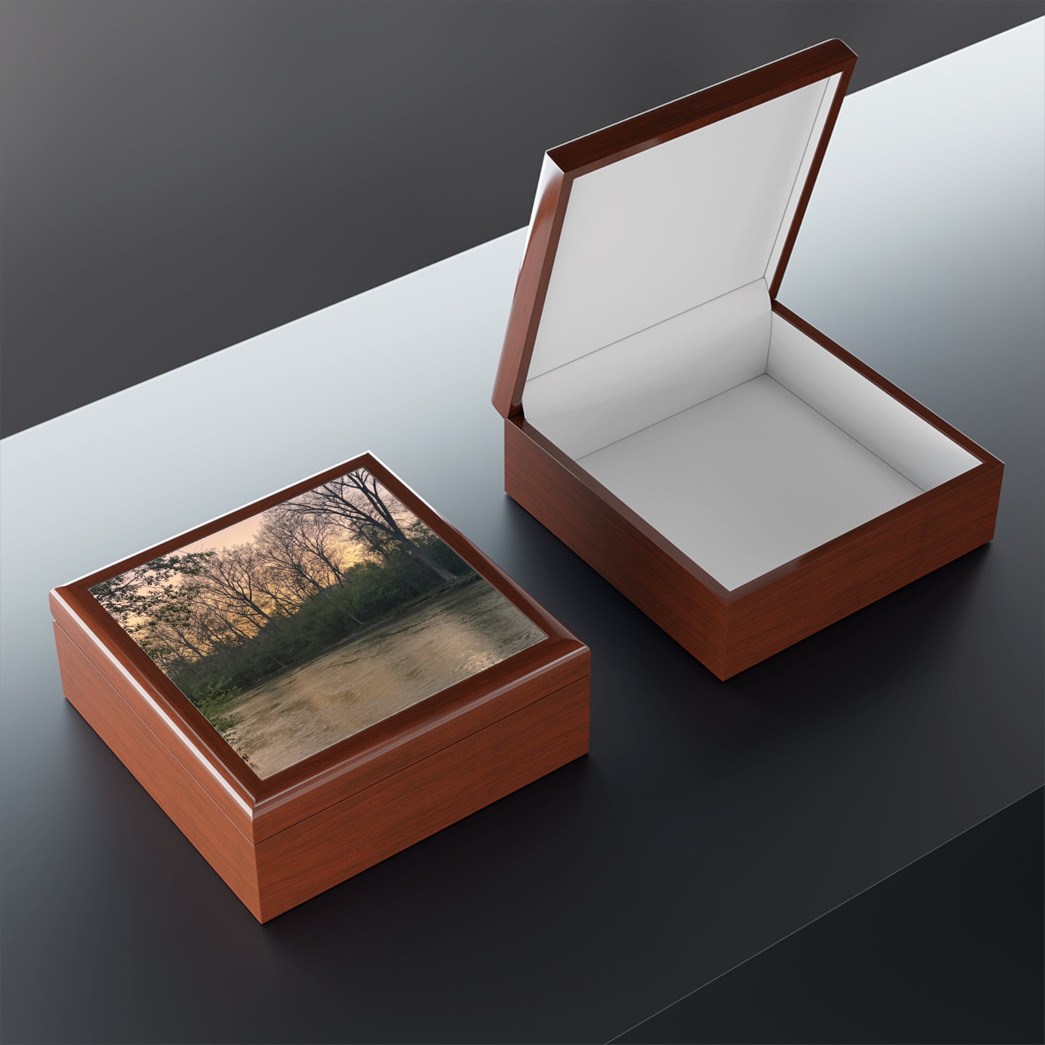 Scenic River Sunset Jewelry Box - Elegant Lacquer Keepsake