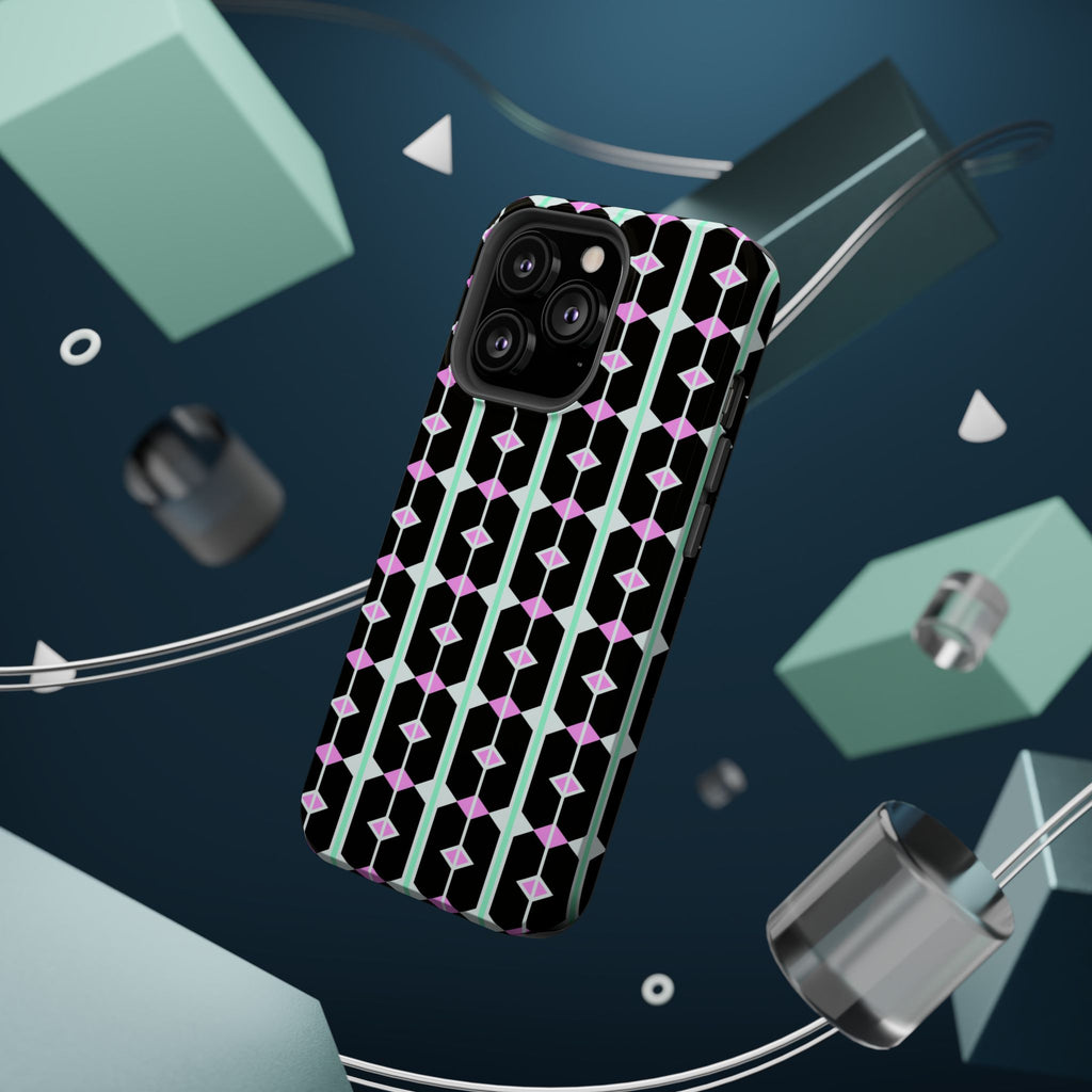 Geom Stripe Magnetic Phone Case — Black with Mint & Lavender Pattern