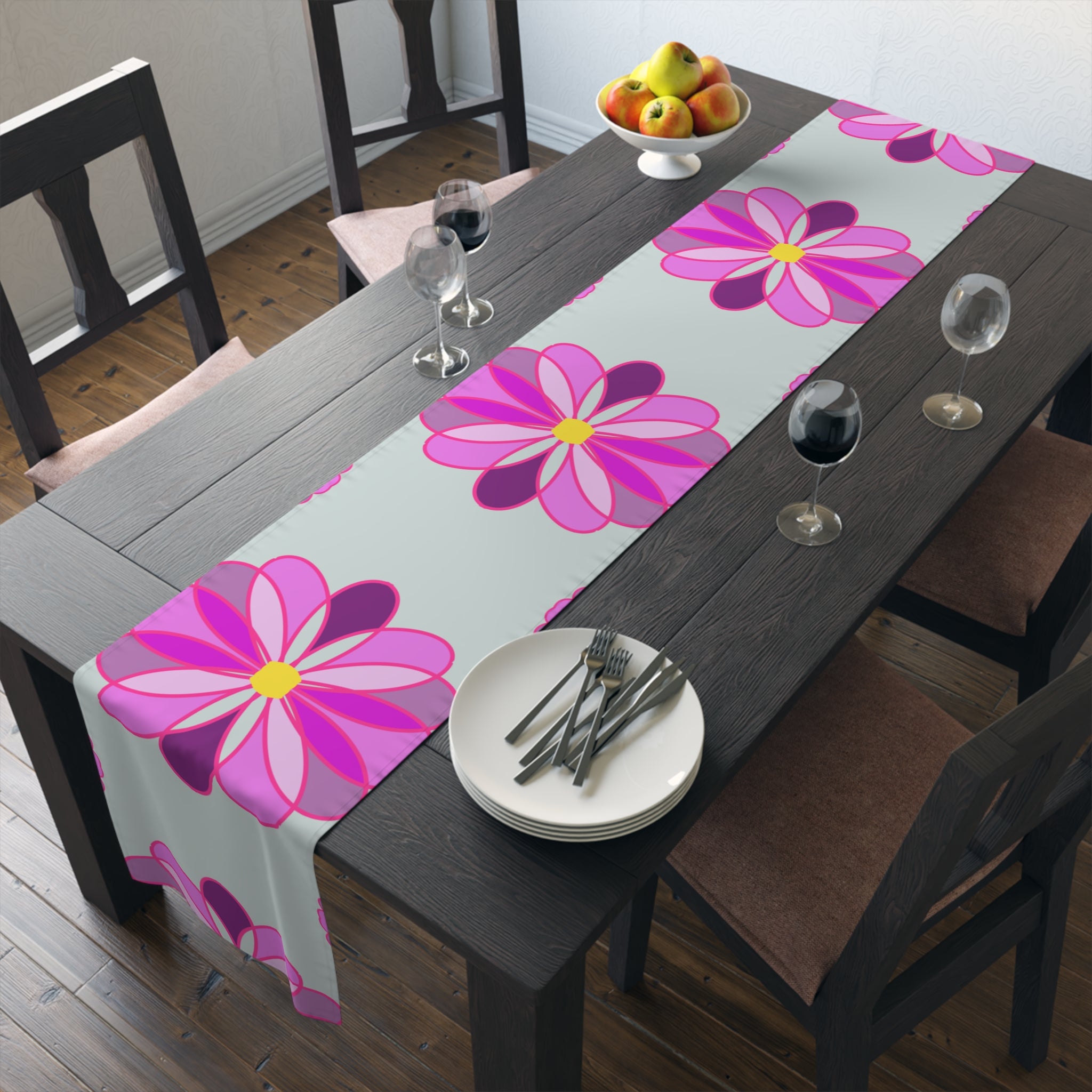 Pink Retro Floral Table Runner — Midcentury Flower Pattern Cotton-Poly Blend