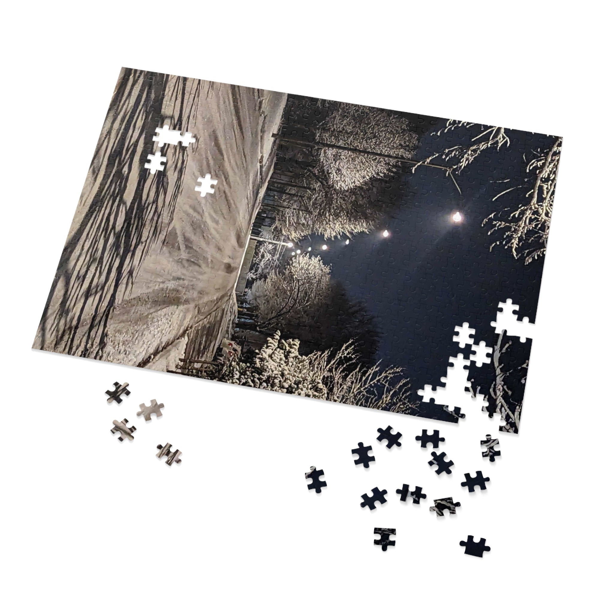 Snowy Winter Night Street Jigsaw Puzzle with Tin