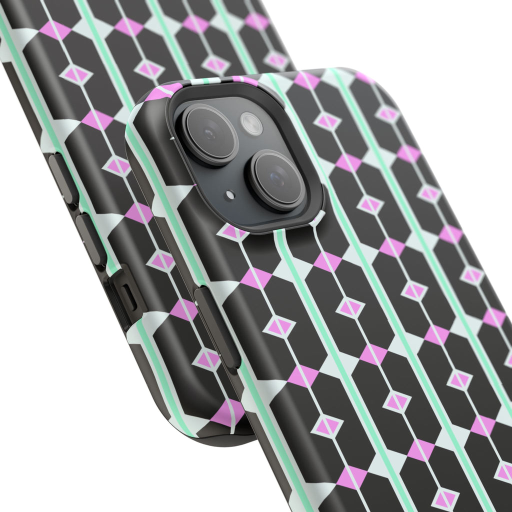 Geom Stripe Magnetic Phone Case — Black with Mint & Lavender Pattern