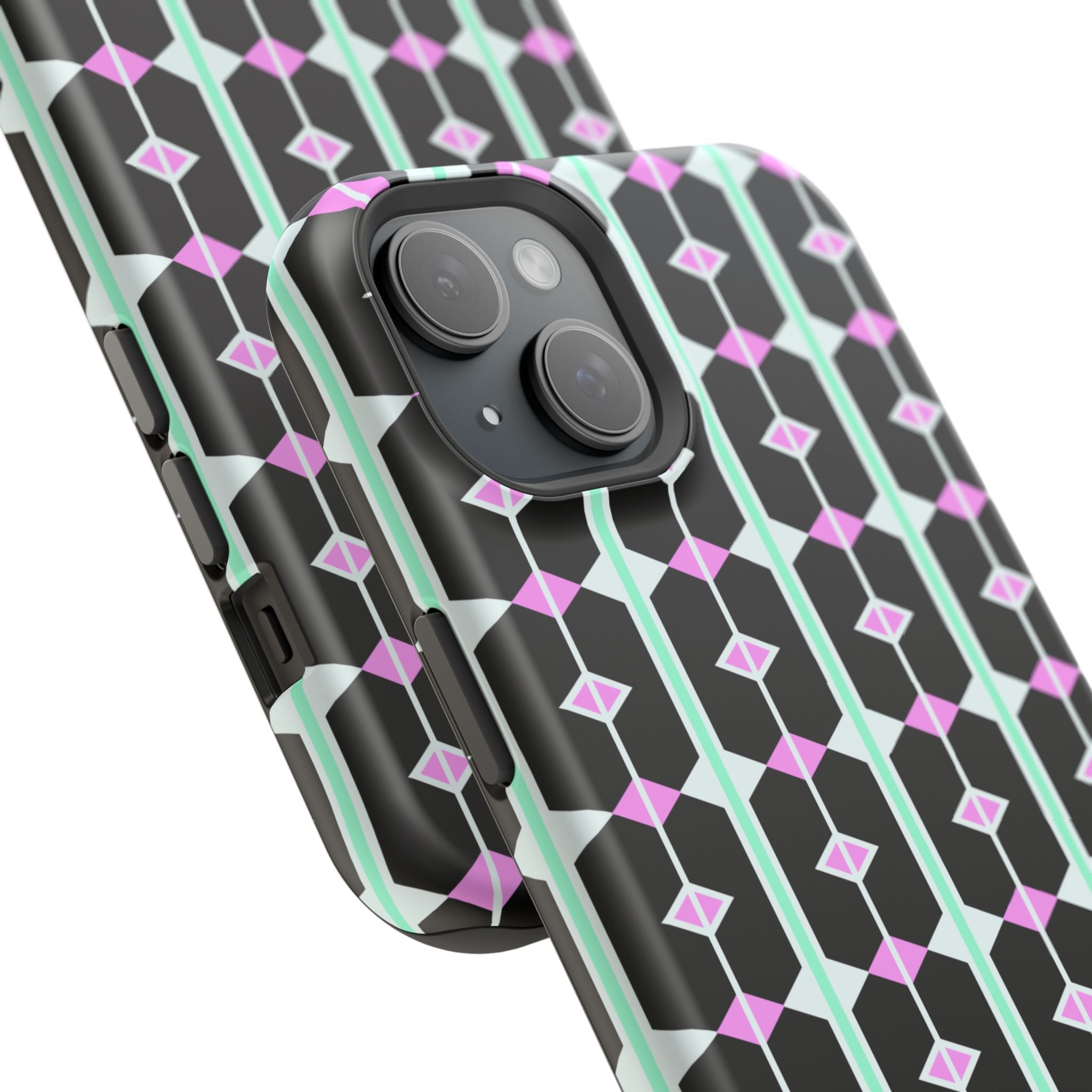 Geom Stripe Magnetic Phone Case — Black with Mint & Lavender Pattern