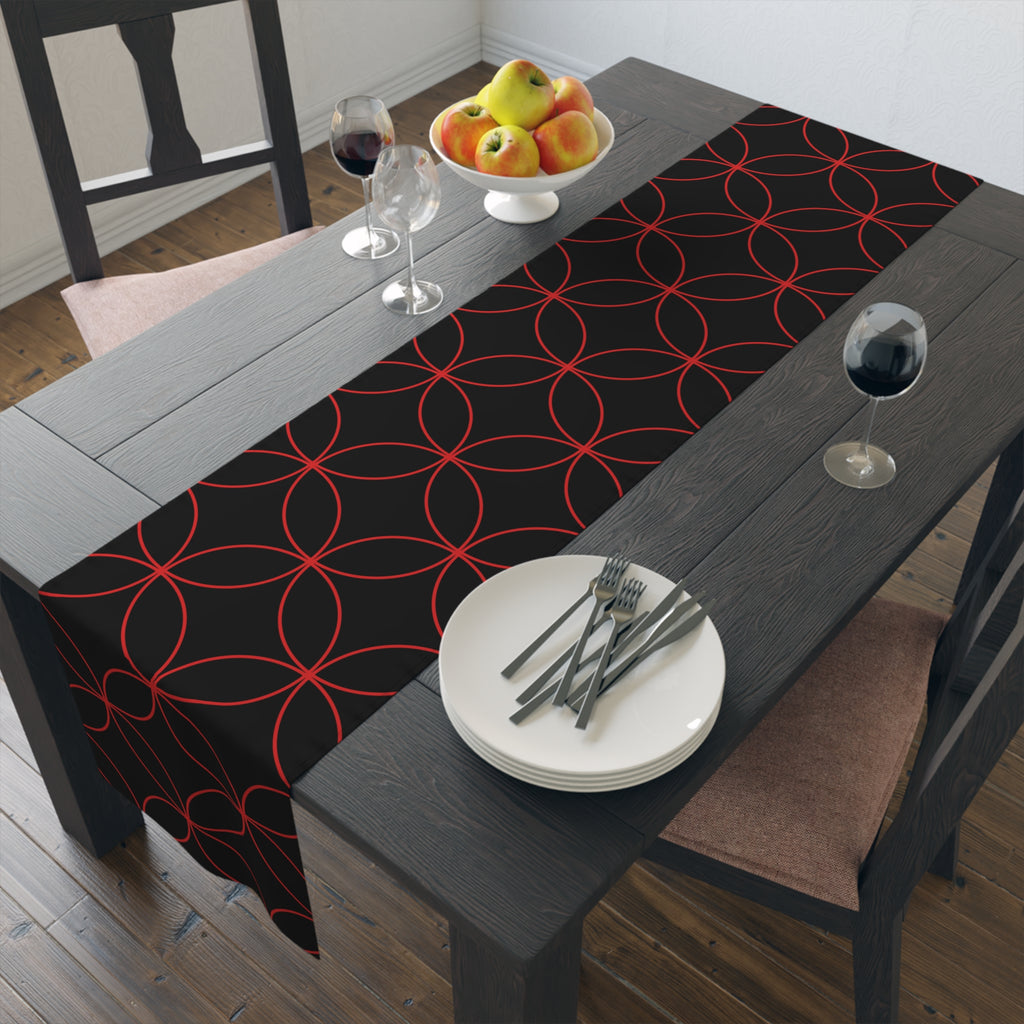 Geometric Rose Gold Circle Table Runner — Modern Black Cotton-Poly Decor