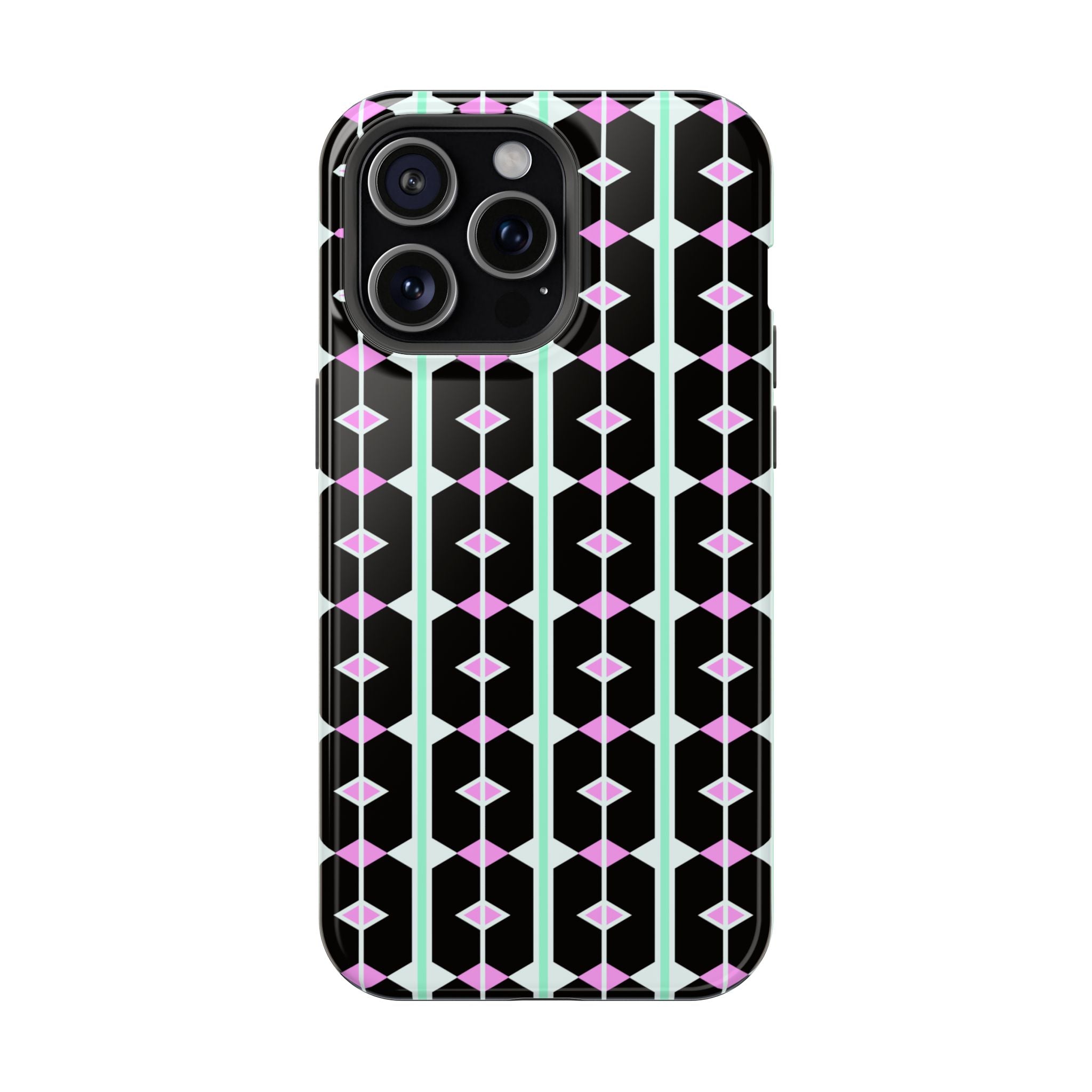 Geom Stripe Magnetic Phone Case — Black with Mint & Lavender Pattern