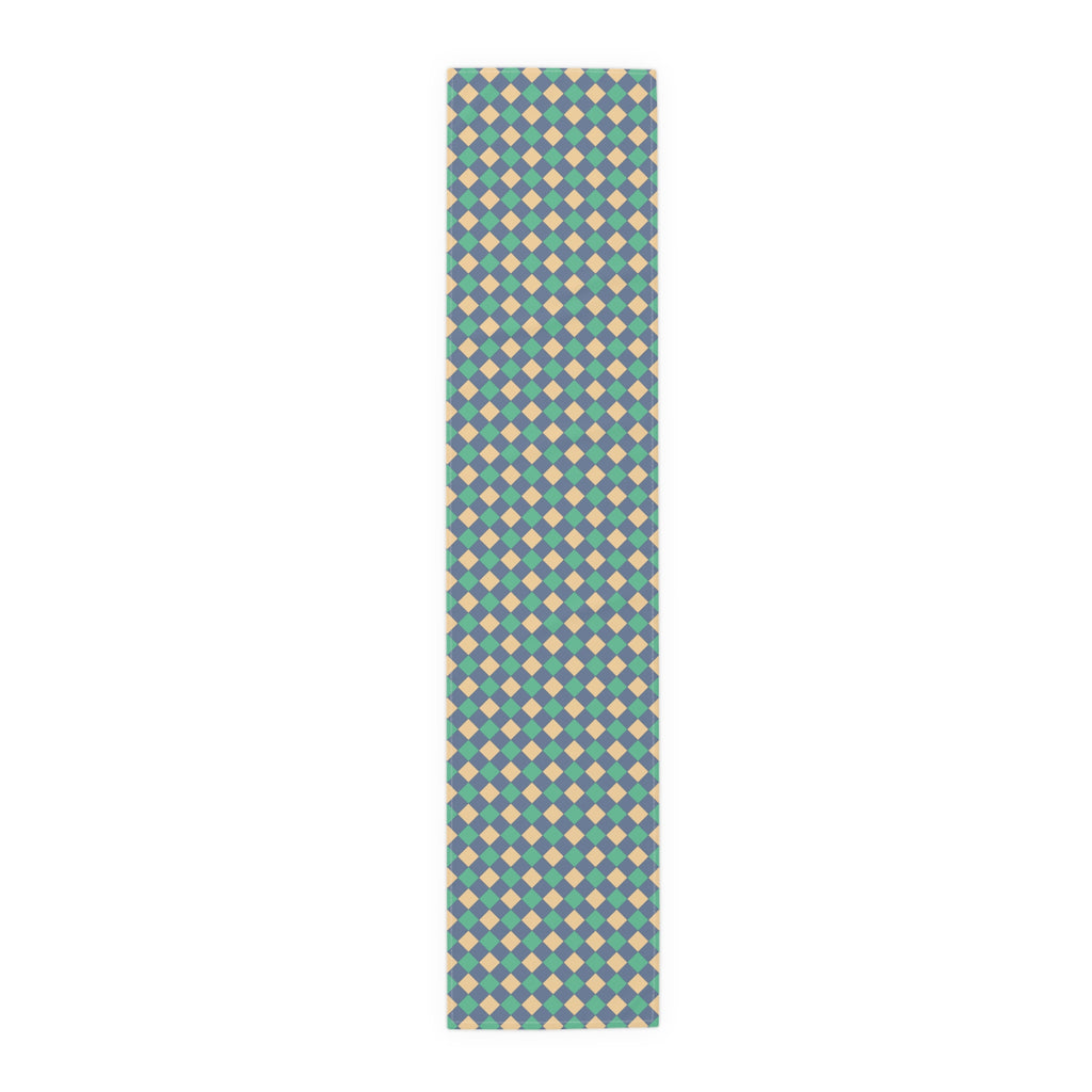 Diamond Check Table Runner — Retro Teal & Mustard Geometric Dining Decor