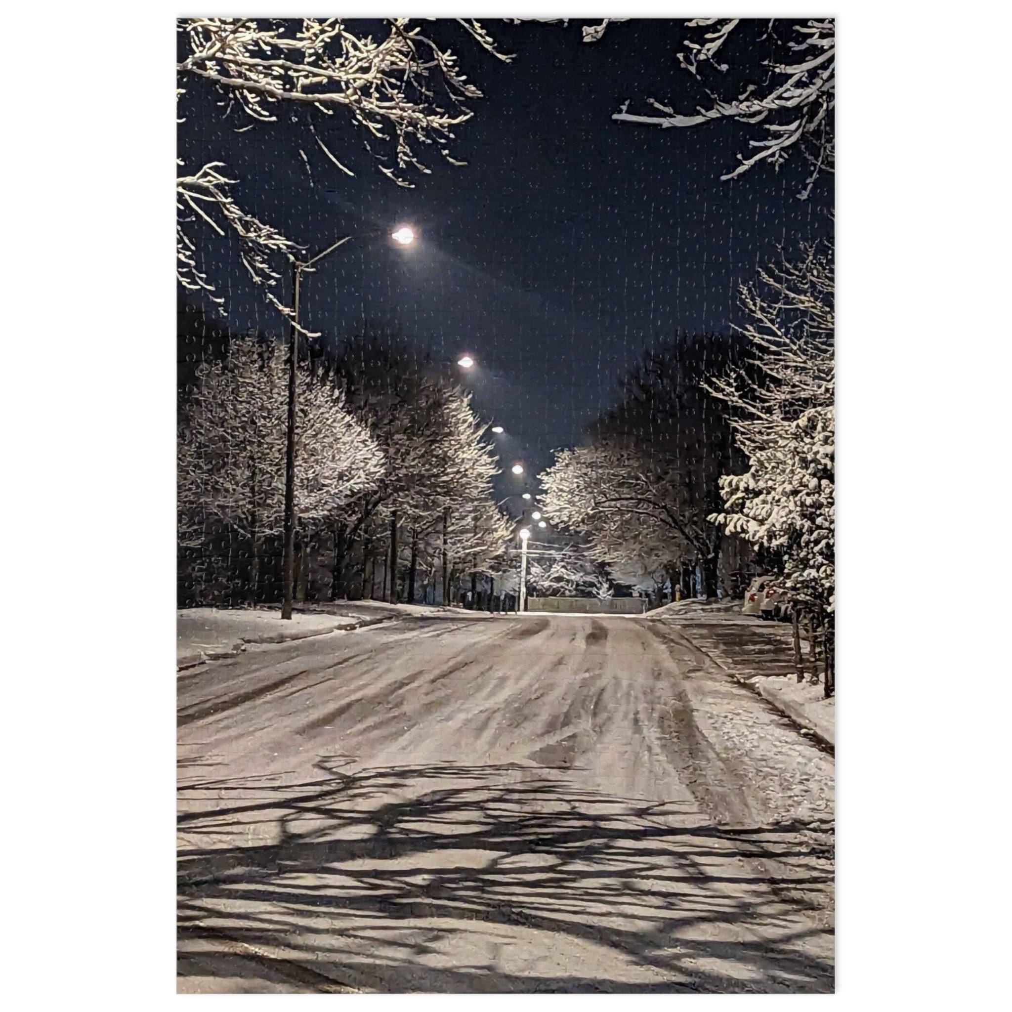 Snowy Winter Night Street Jigsaw Puzzle with Tin