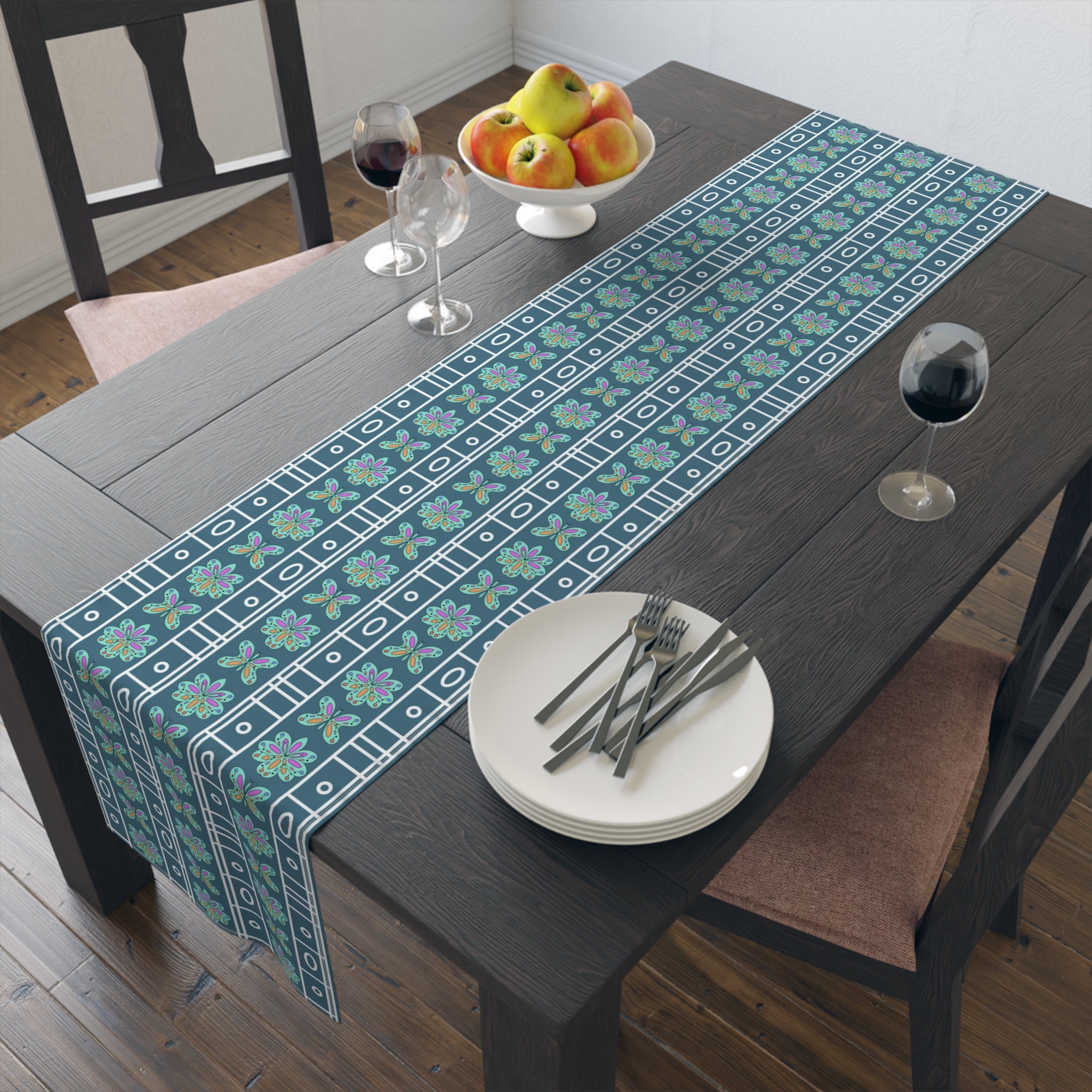 Colourful Floral Geometric Table Runner — Mediterranean-Inspired Cotton-Poly Dining Decor