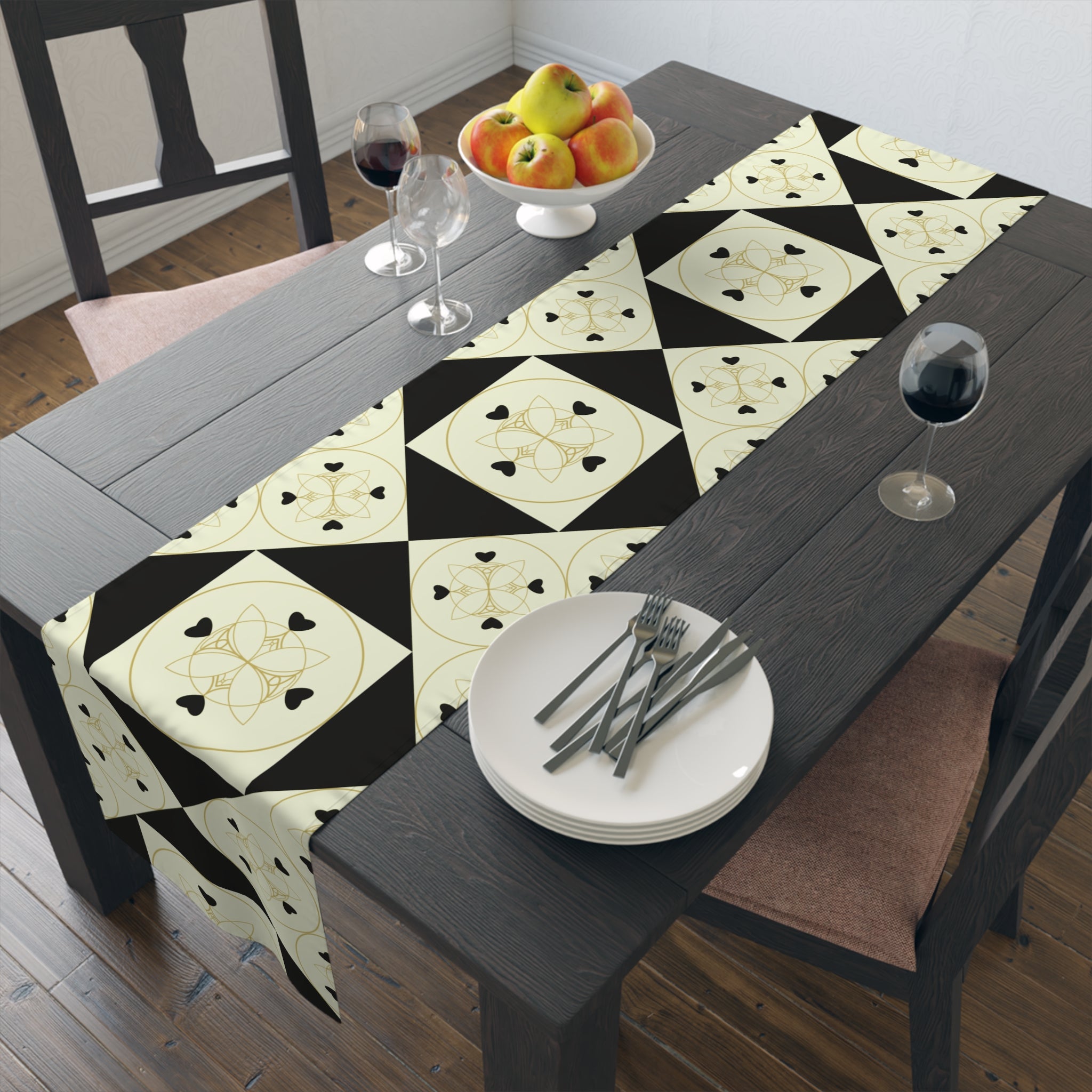 Geometric Heart Quilt Table Runner — Black & Cream Modern Farmhouse Decor
