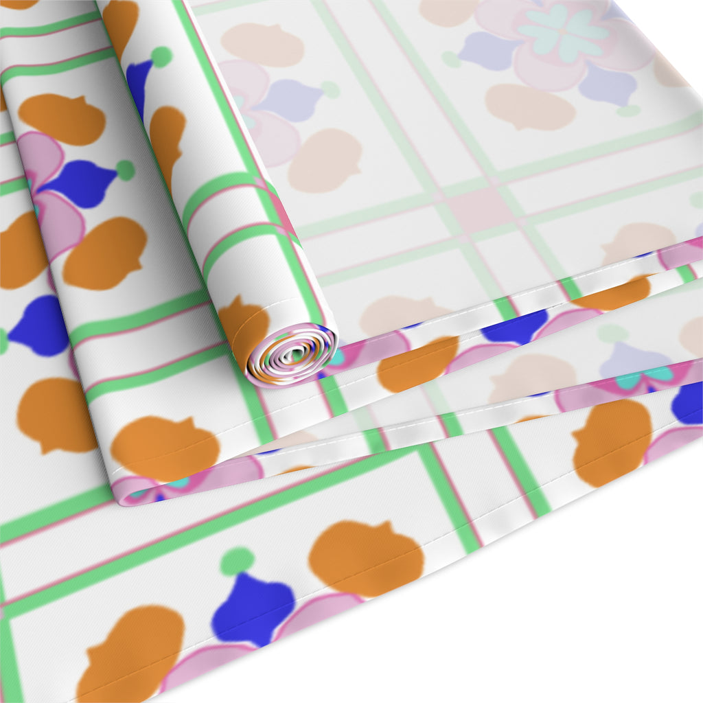 Floral Tile Table Runner — Retro Pastel Pattern Cotton-Poly Blend
