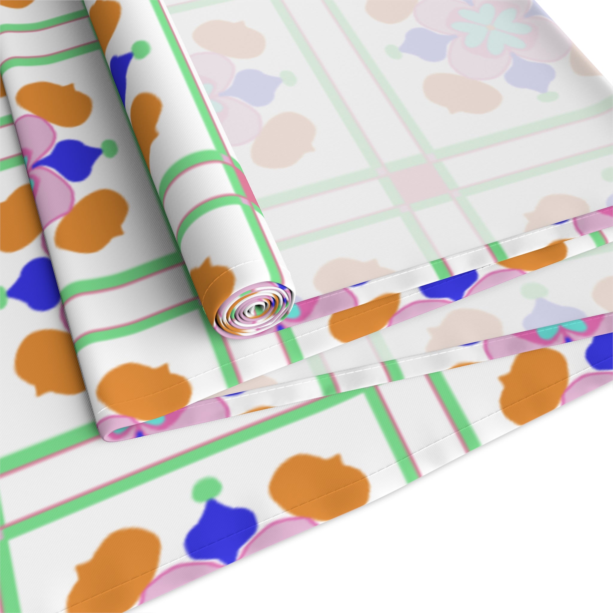 Floral Tile Table Runner — Retro Pastel Pattern Cotton-Poly Blend