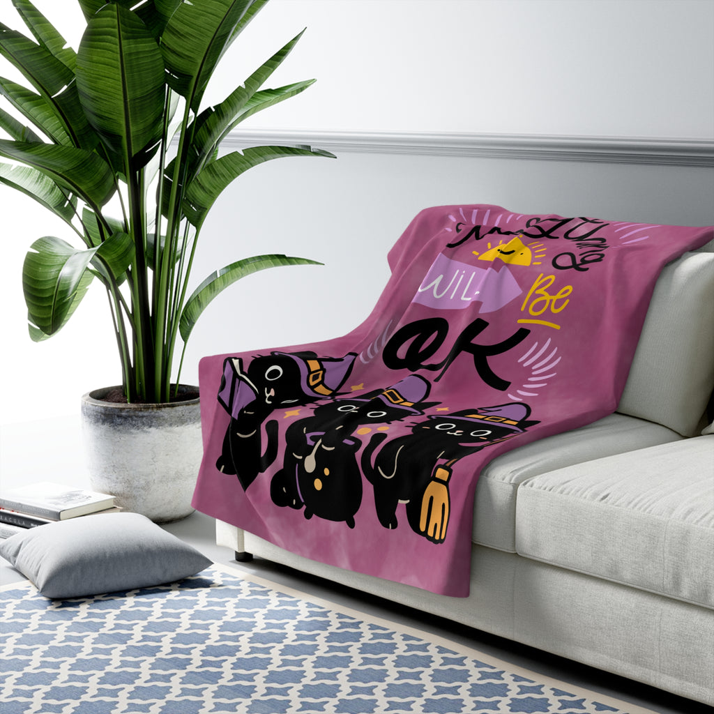 Everything Will Be OK Sherpa Blanket — Cute Witch Cat Cozy Throw