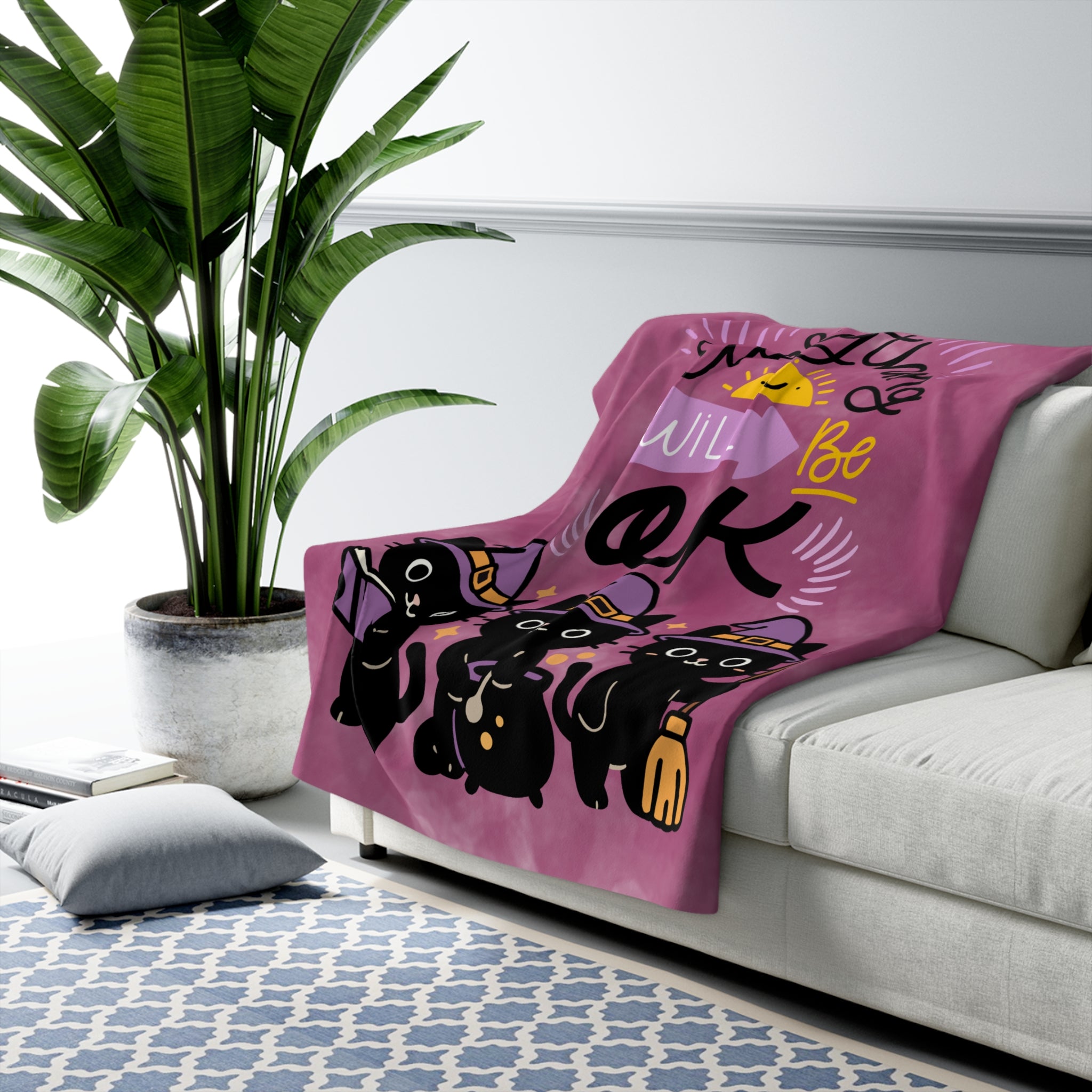 Everything Will Be OK Sherpa Blanket — Cute Witch Cat Cozy Throw