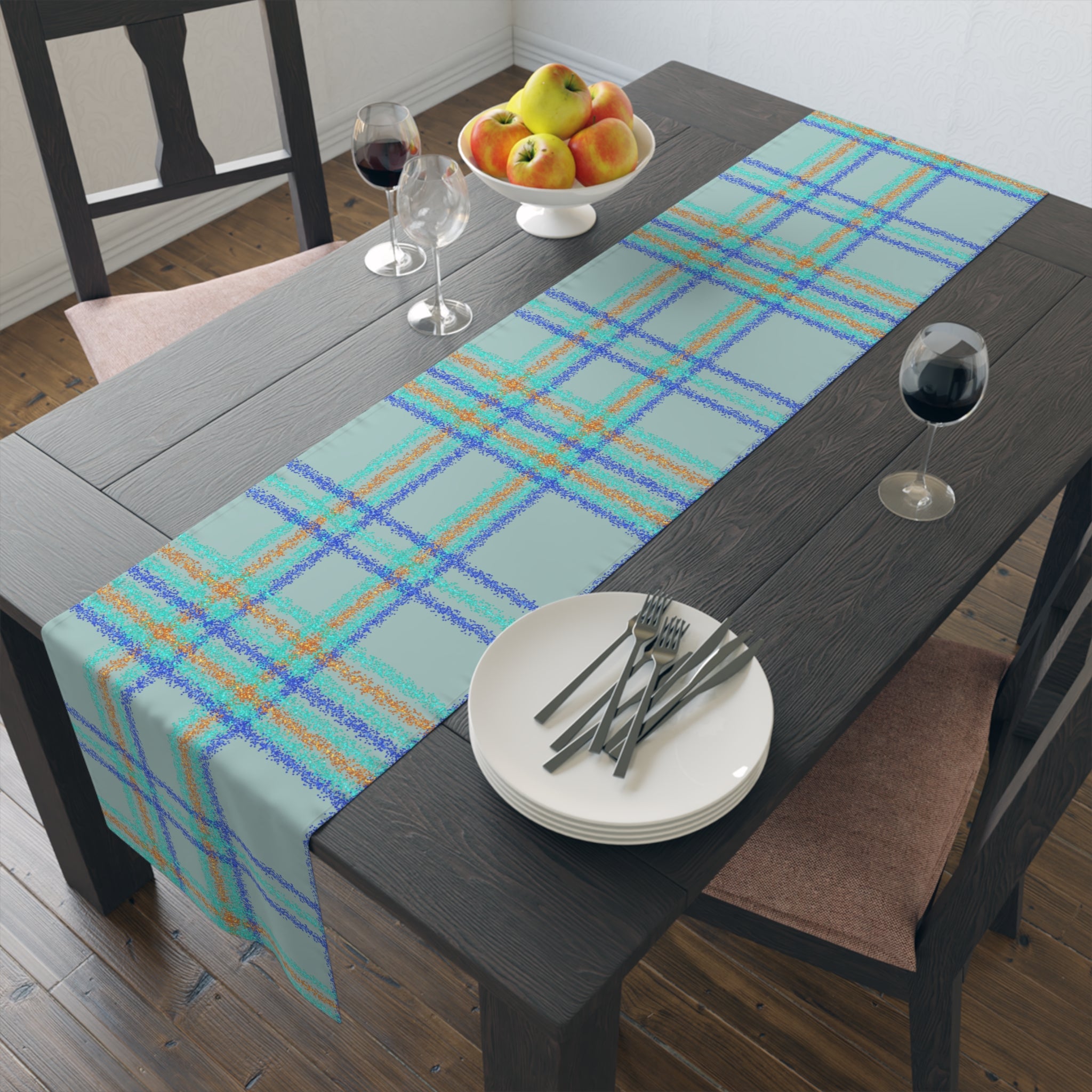 Pastel Plaid Table Runner — Blue, Lavender & Mint Cotton-Poly Decor