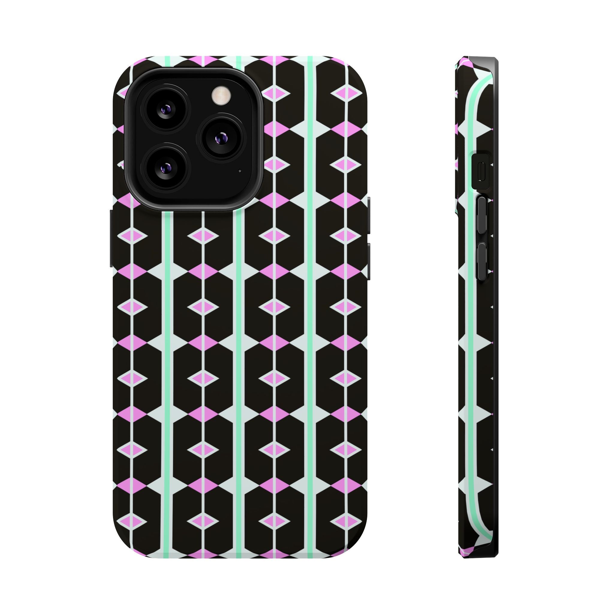 Geom Stripe Magnetic Phone Case — Black with Mint & Lavender Pattern