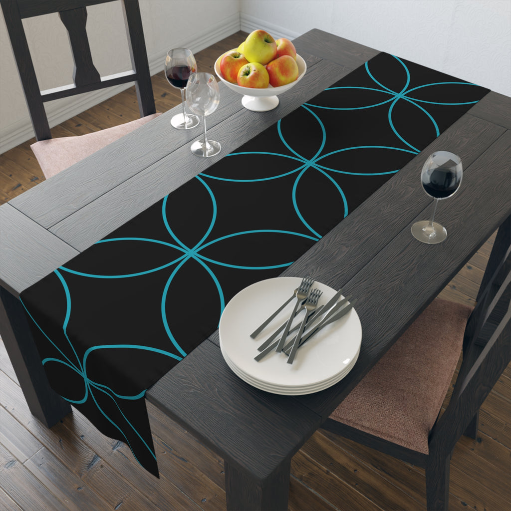 Modern Geometric Table Runner — Black with Blue Interlocking Circles