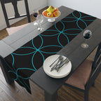 Modern Geometric Table Runner — Black with Blue Interlocking Circles