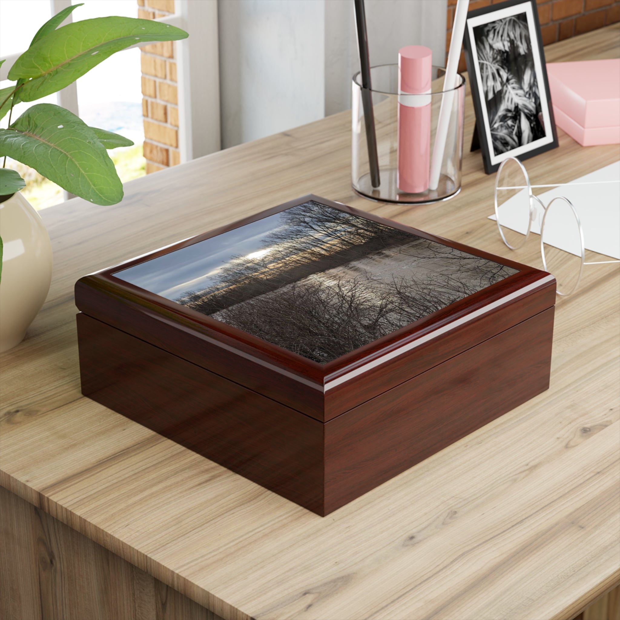 Scenic Winter Lake Jewelry Box – Sunset Reflections Keepsake Box