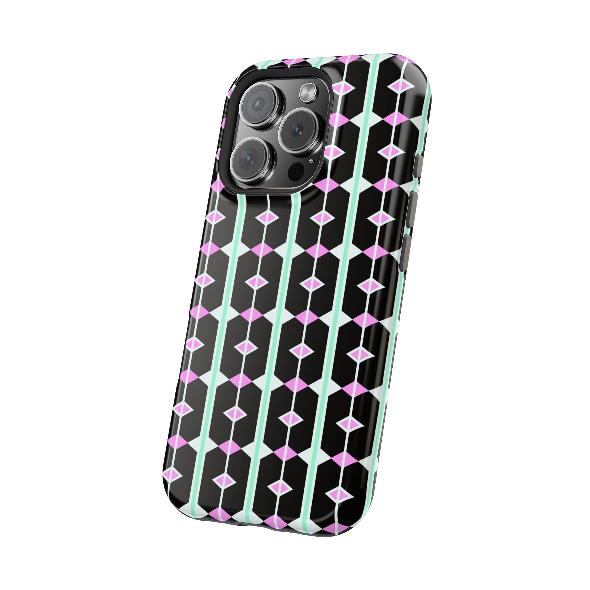 Geom Stripe Magnetic Phone Case — Black with Mint & Lavender Pattern