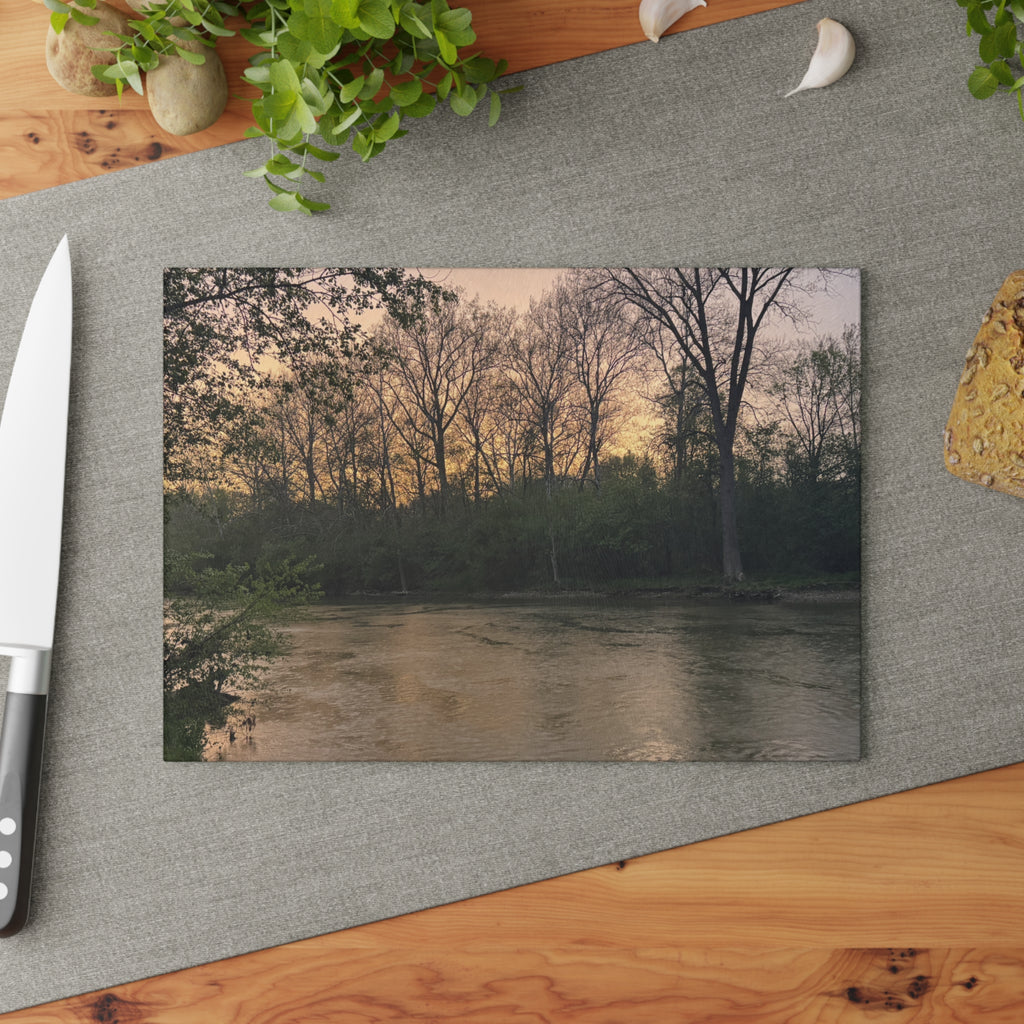 Glass Cutting Board - Tranquil River Sunset Landscape Decorative Cutting Board