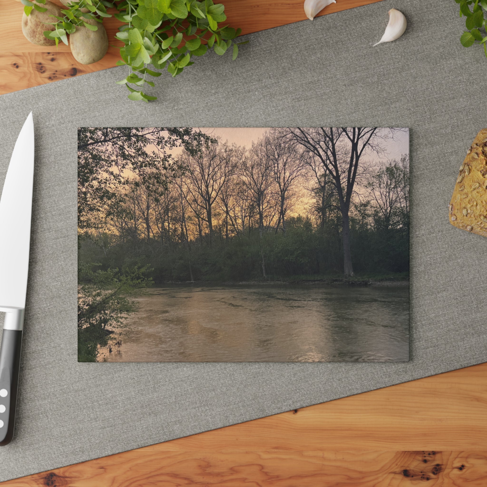 Glass Cutting Board - Tranquil River Sunset Landscape Decorative Cutting Board