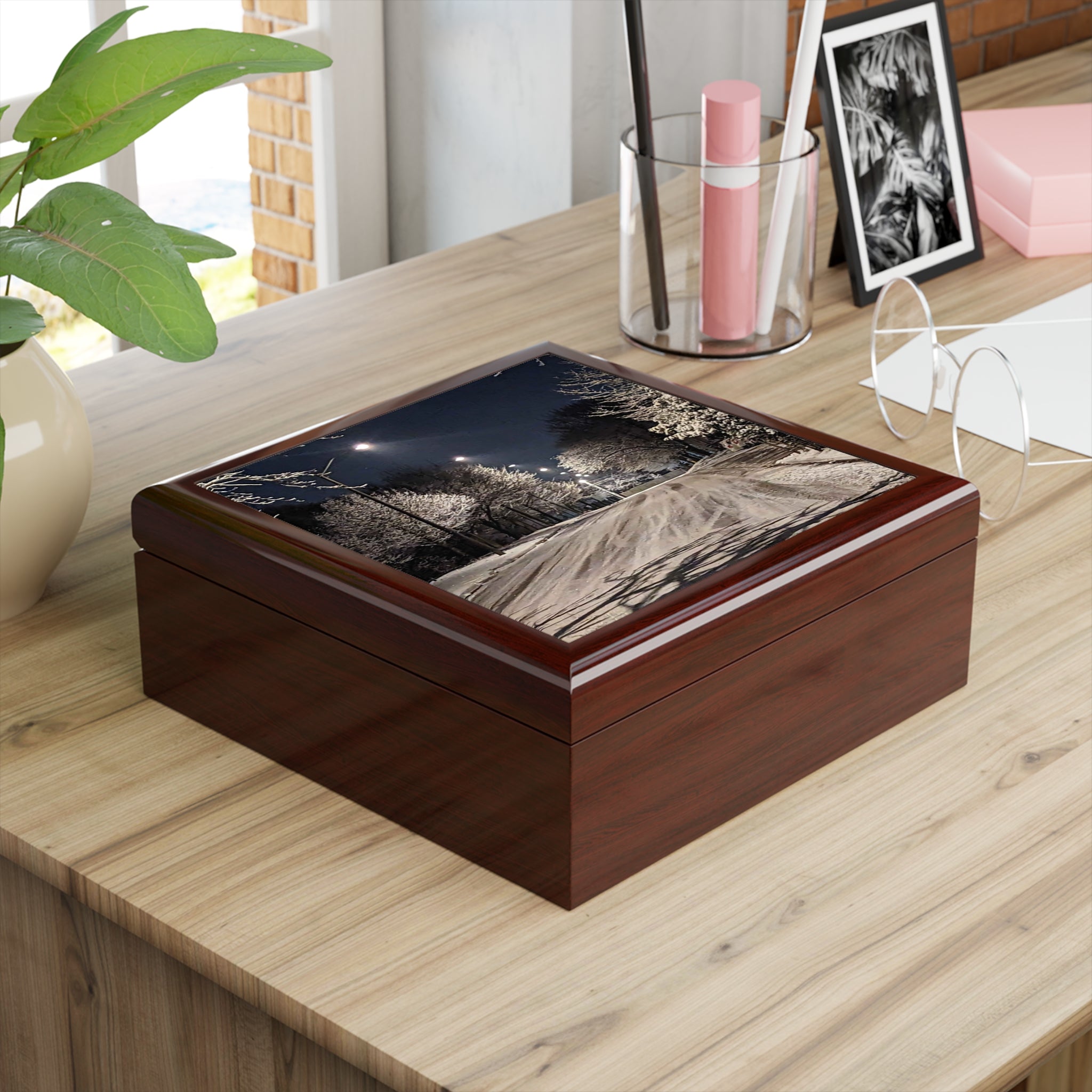 Snowy Night Jewelry Box — Winter Street Scene Keepsake Box