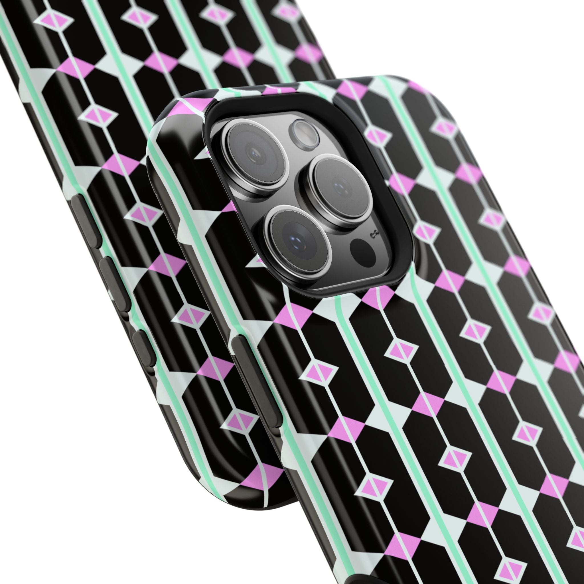 Geom Stripe Magnetic Phone Case — Black with Mint & Lavender Pattern