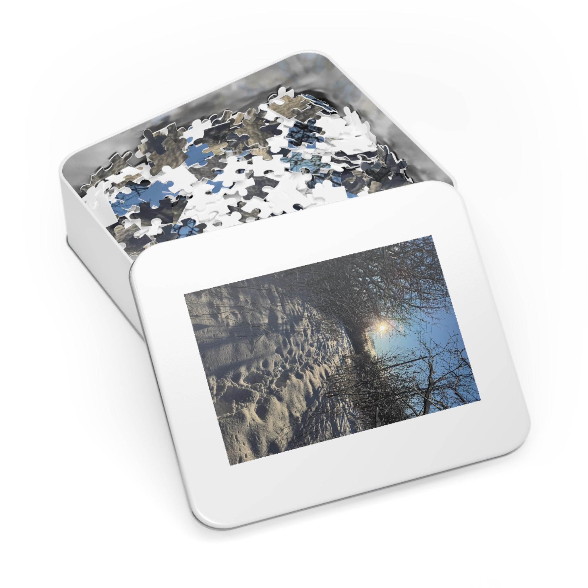 Winter Snowy Path Jigsaw Puzzle with Tin