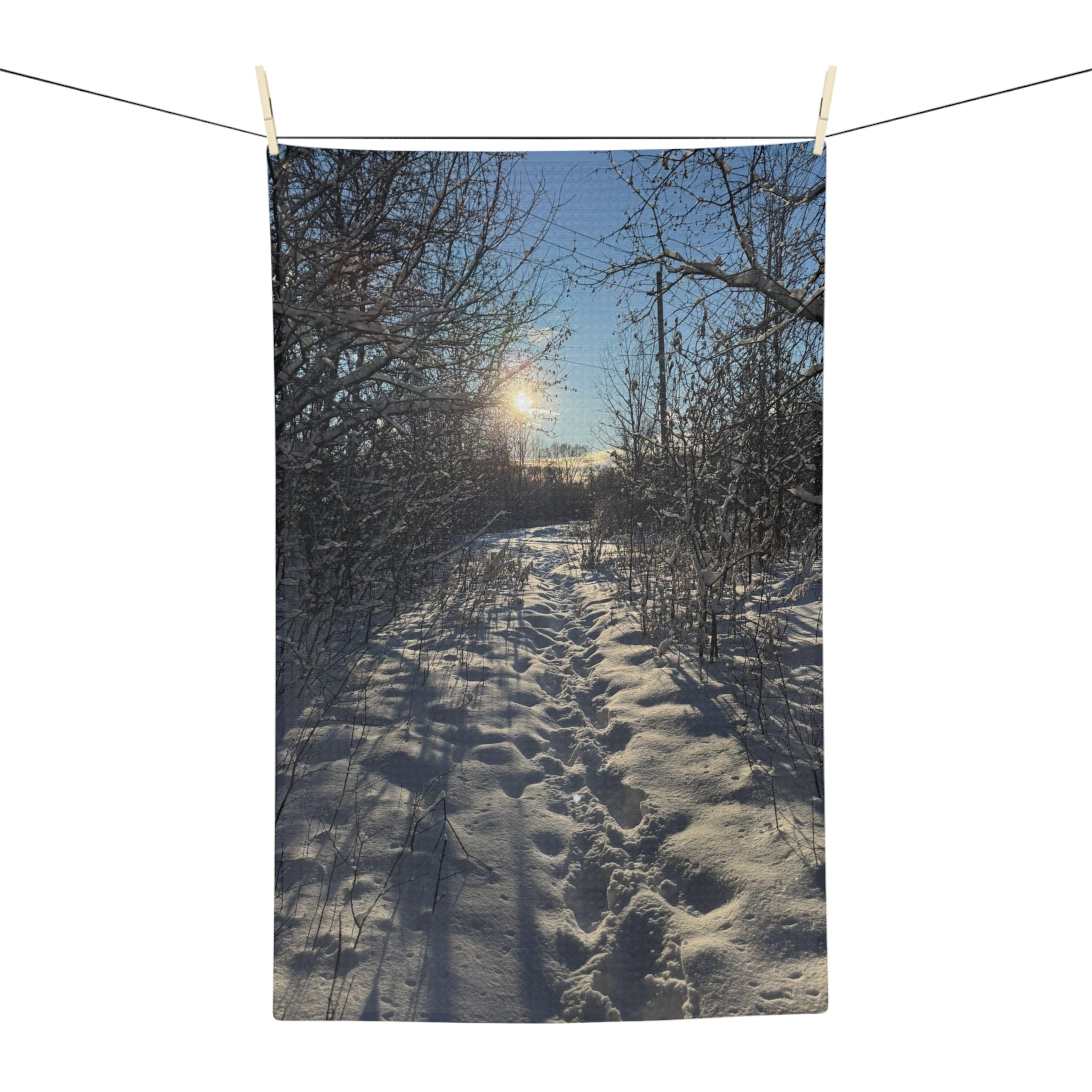 Snowy Path Microfiber Tea Towel — Winter Sun Landscape Kitchen Towel