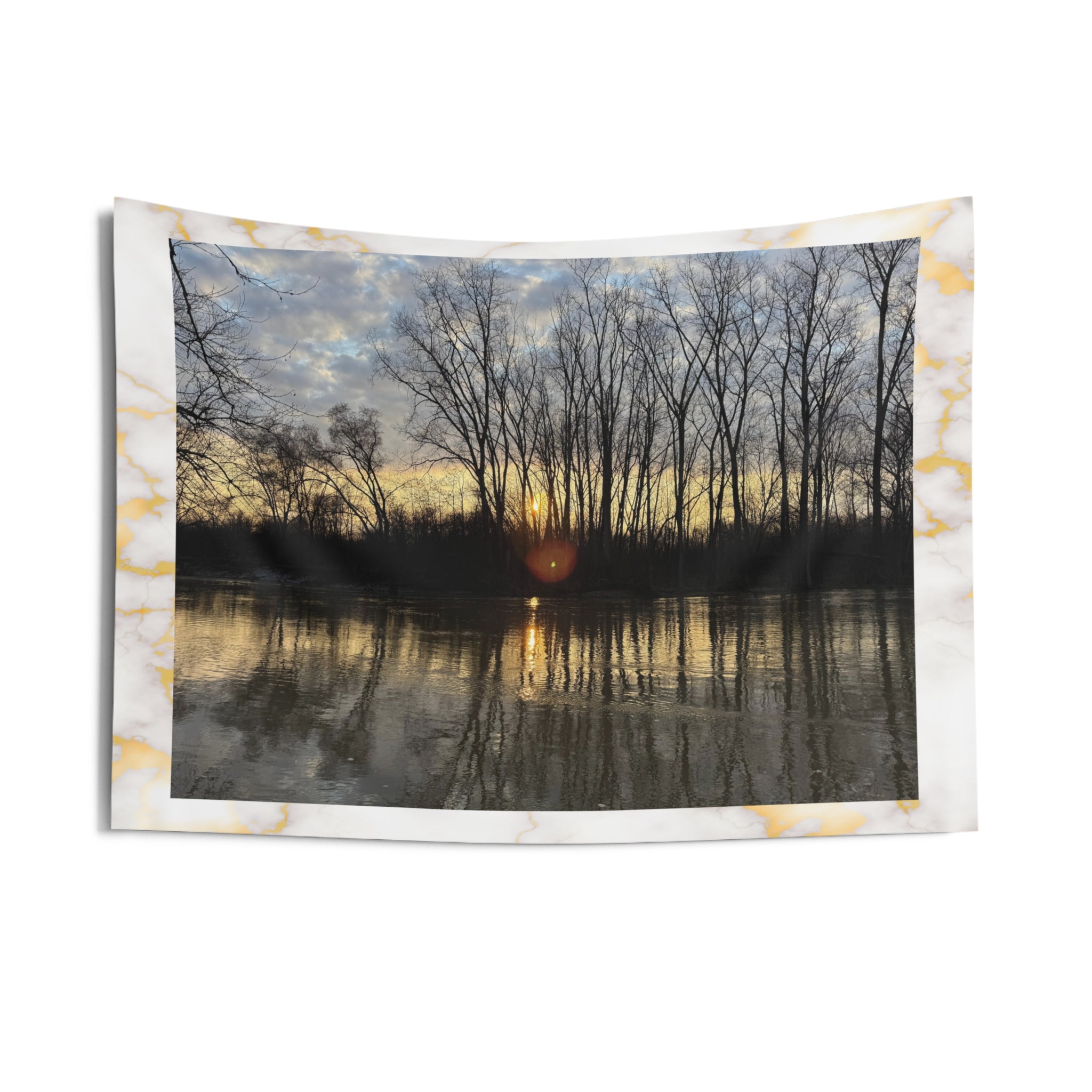 Sunset Lake Tapestry — Tranquil Forest Reflection Wall Hanging