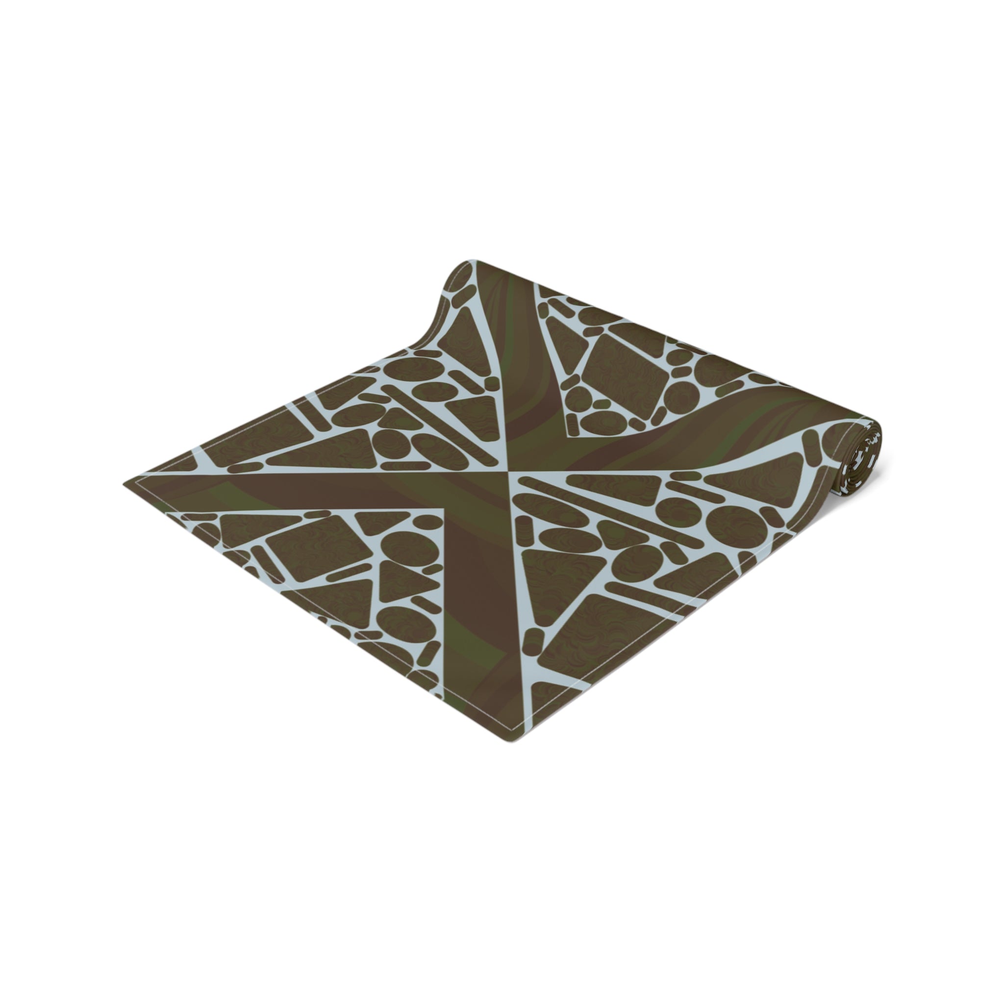 Geometric Mosaic Table Runner — Brown & Sage Decorative Dining Accent