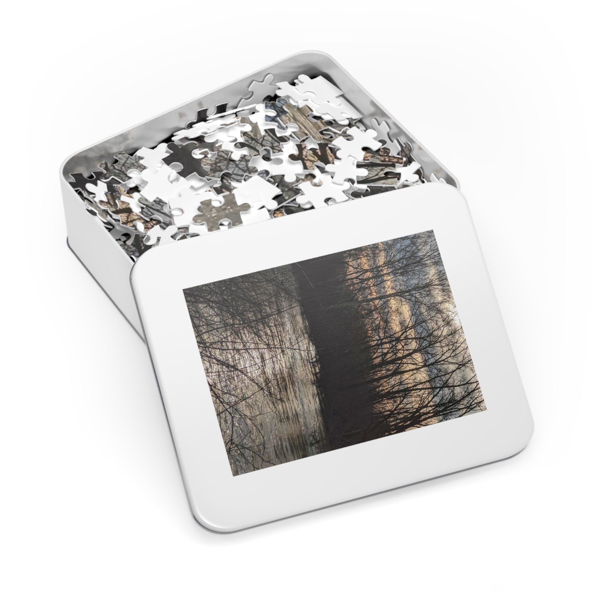 Lake at Dusk Jigsaw Puzzle with Tin — Scenic Sunset Puzzle