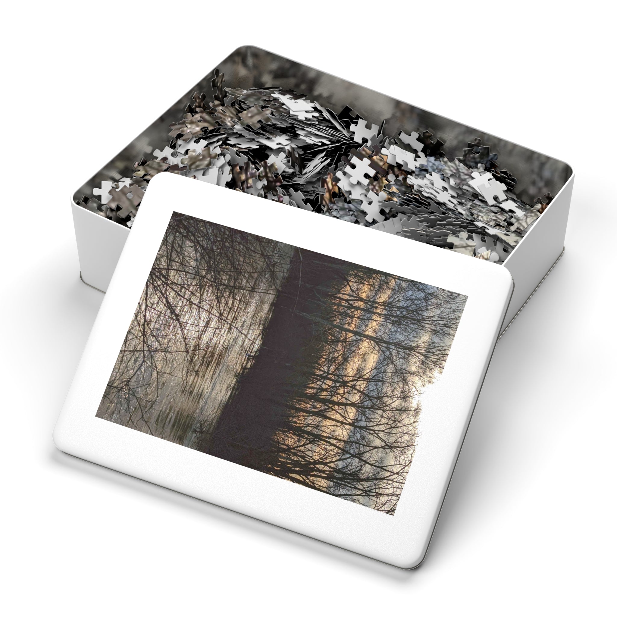 Lake at Dusk Jigsaw Puzzle with Tin — Scenic Sunset Puzzle