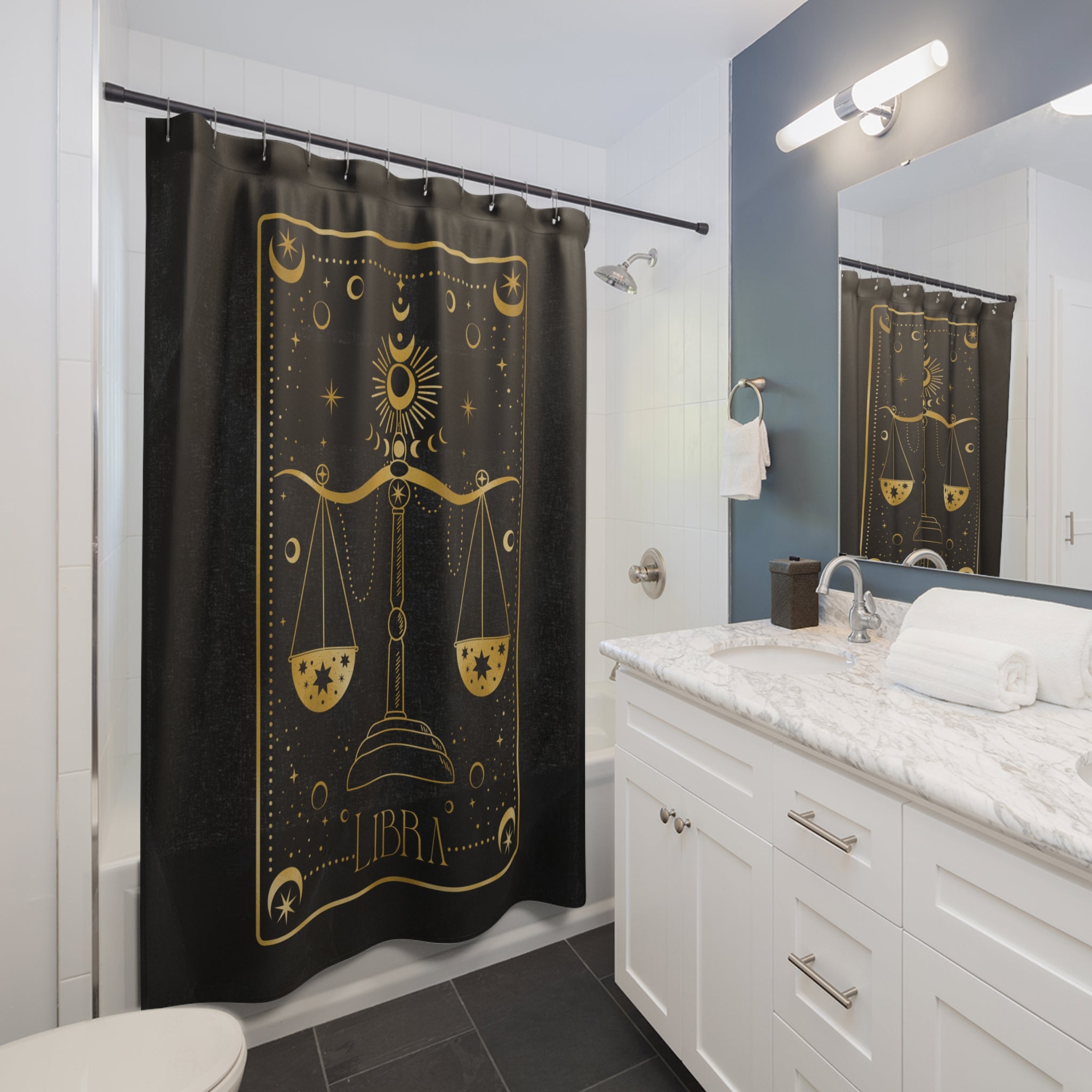 Libra Zodiac Shower Curtain — Gold Scales Celestial Astrology Bathroom Decor