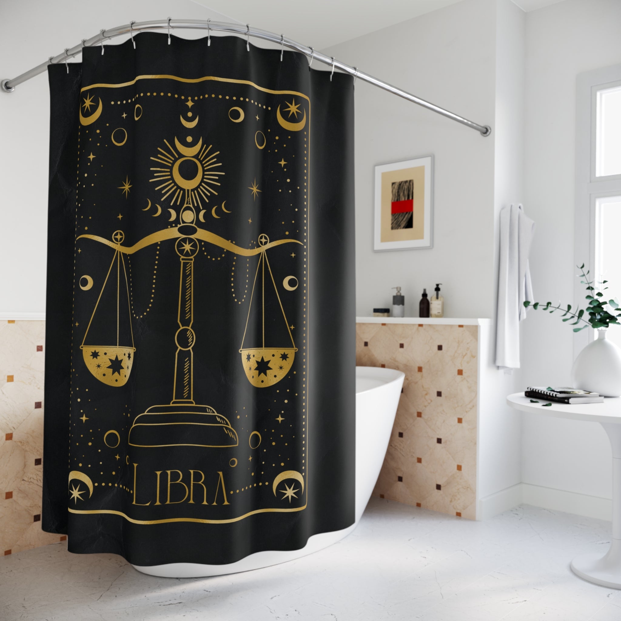 Libra Zodiac Shower Curtain — Gold Scales Celestial Astrology Bathroom Decor