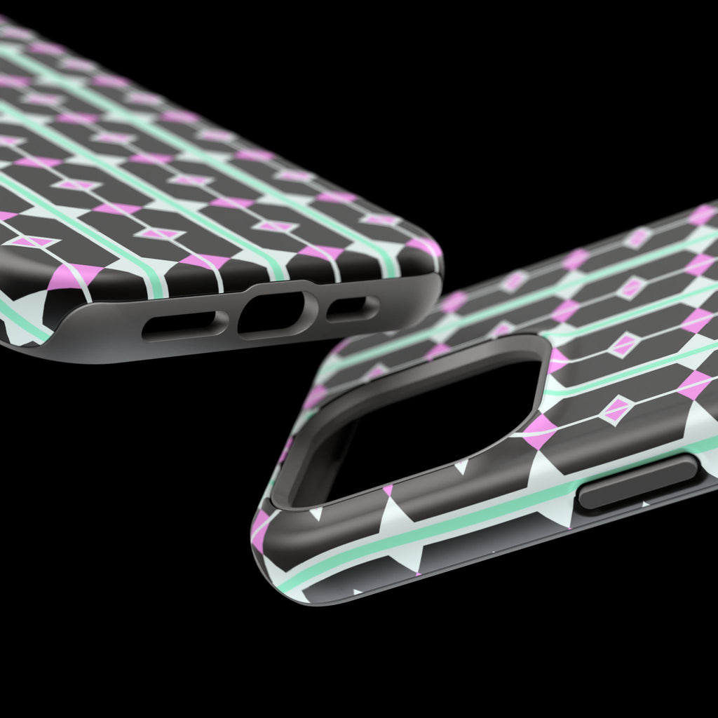 Geom Stripe Magnetic Phone Case — Black with Mint & Lavender Pattern