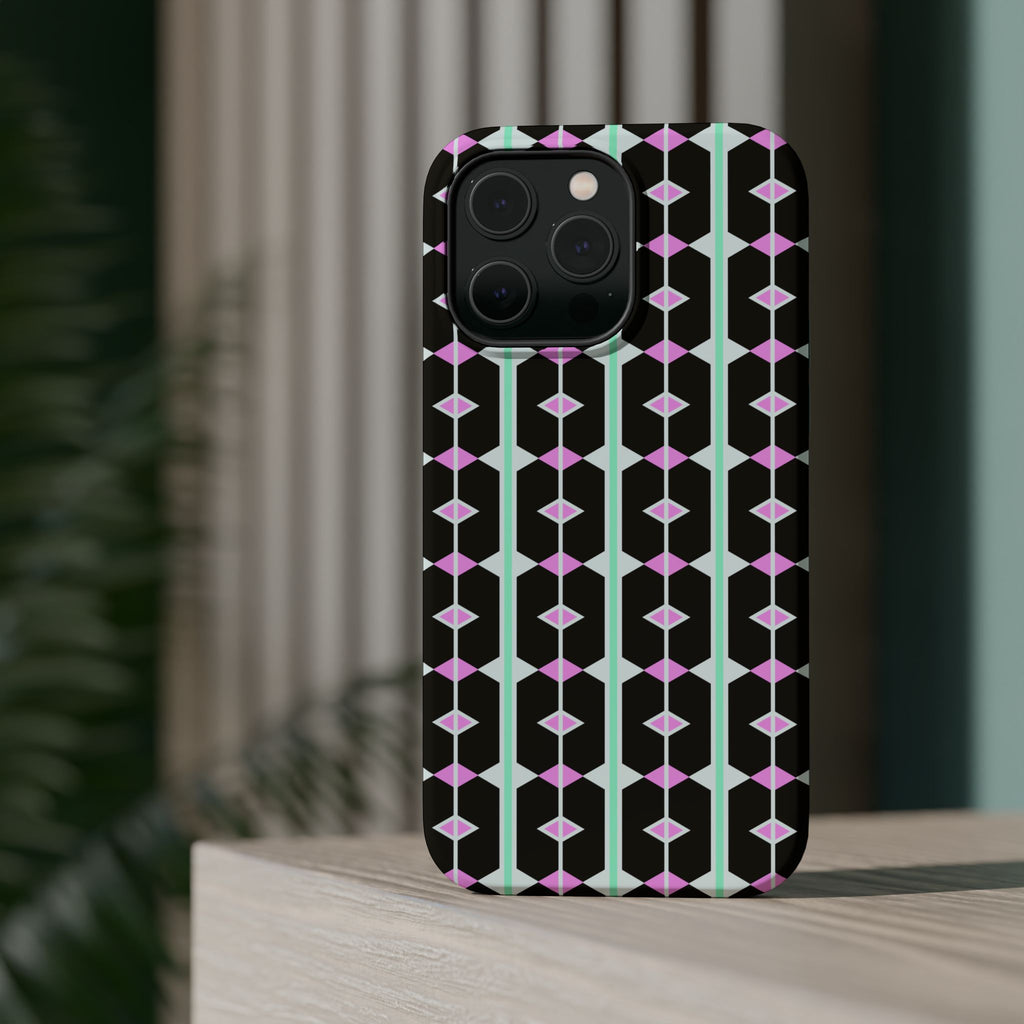 Geom Stripe Magnetic Phone Case — Black with Mint & Lavender Pattern