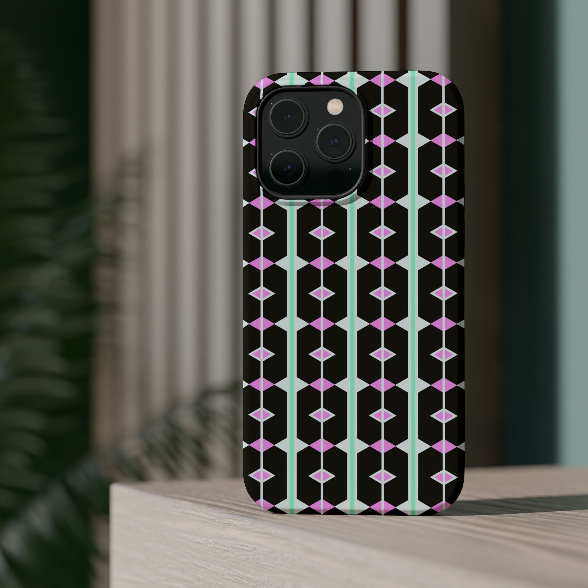 Geom Stripe Magnetic Phone Case — Black with Mint & Lavender Pattern