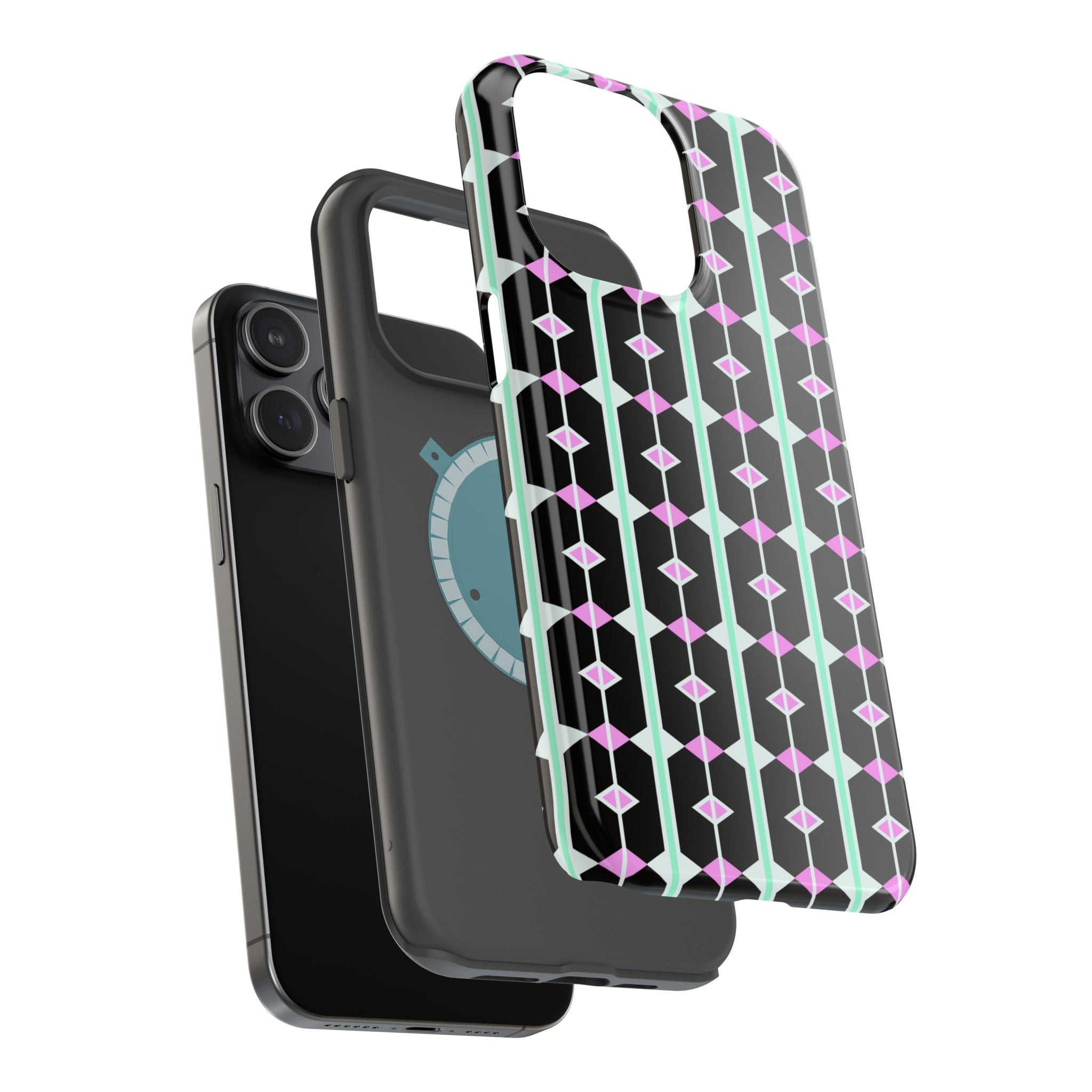 Geom Stripe Magnetic Phone Case — Black with Mint & Lavender Pattern