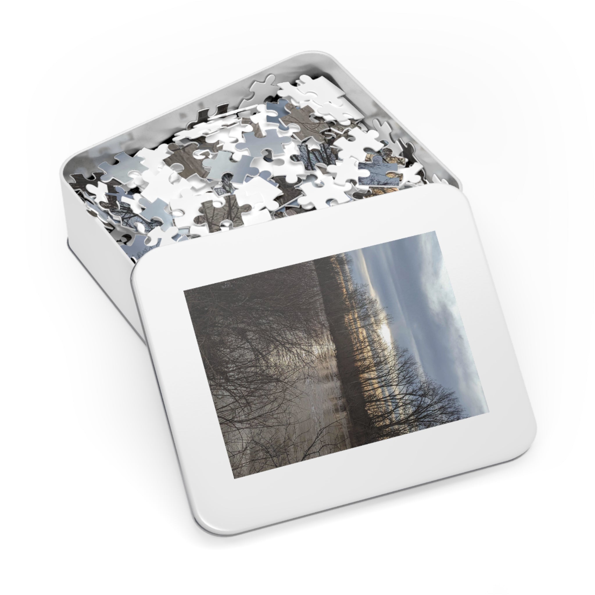 Scenic Winter Marsh Jigsaw Puzzle with Tin - Tranquil Lake Sunset