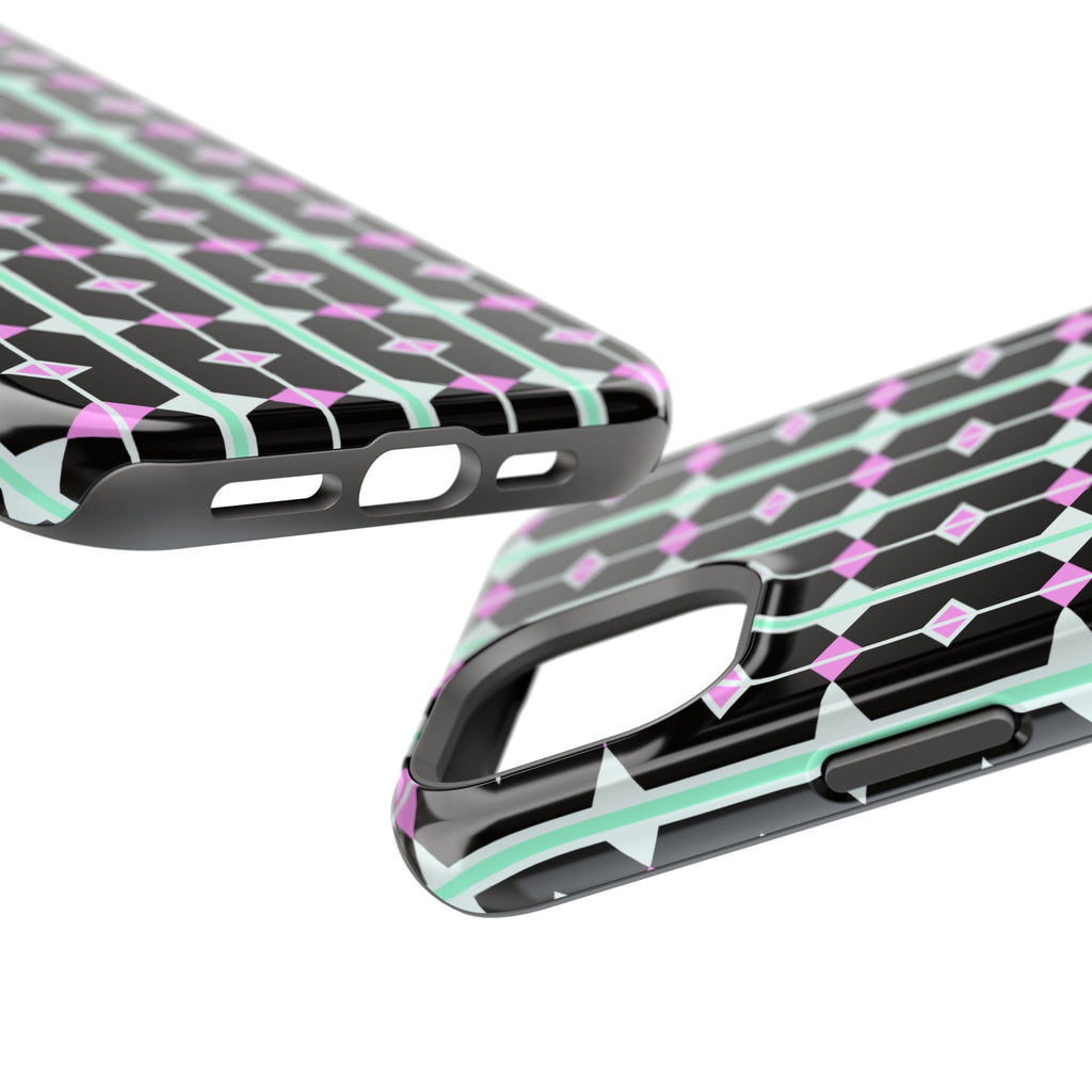 Geom Stripe Magnetic Phone Case — Black with Mint & Lavender Pattern