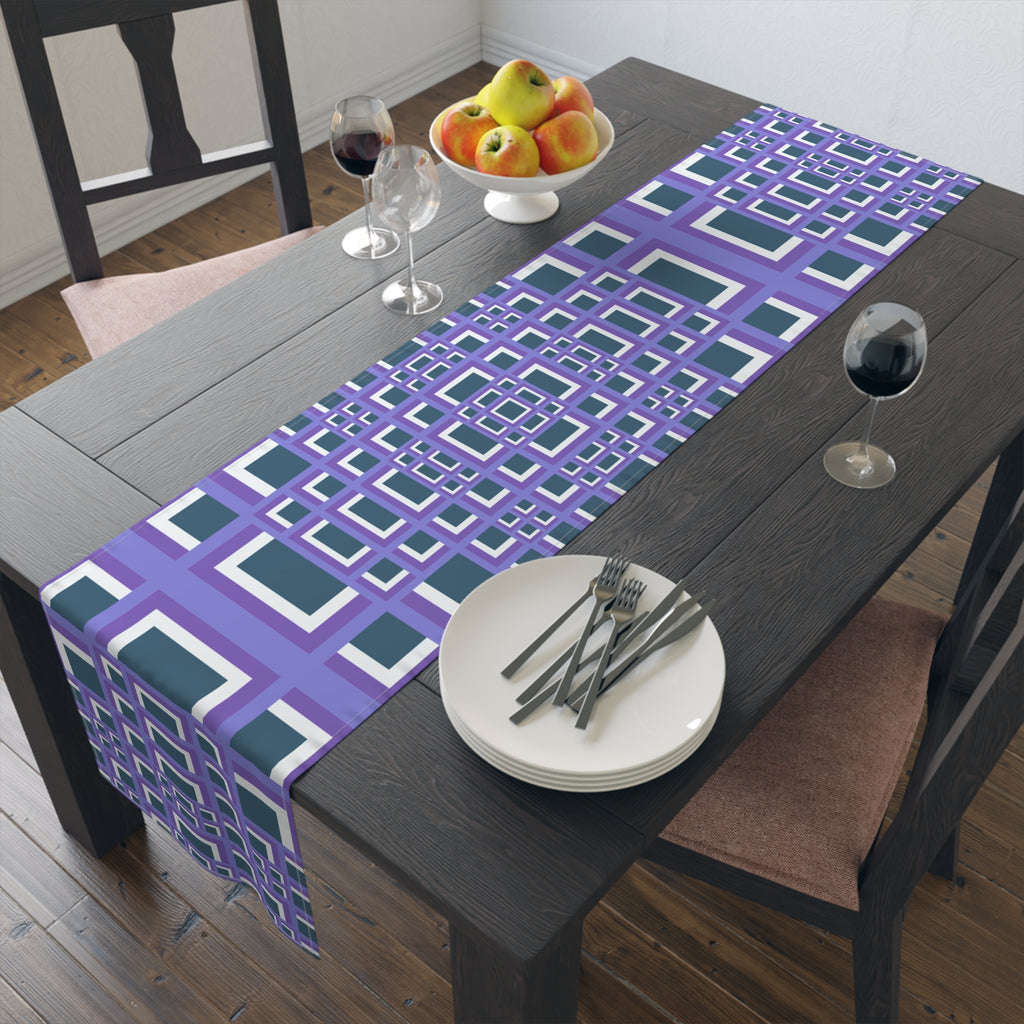 Geometric Purple Square Table Runner — Modern Retro Pattern Cotton-Poly Blend