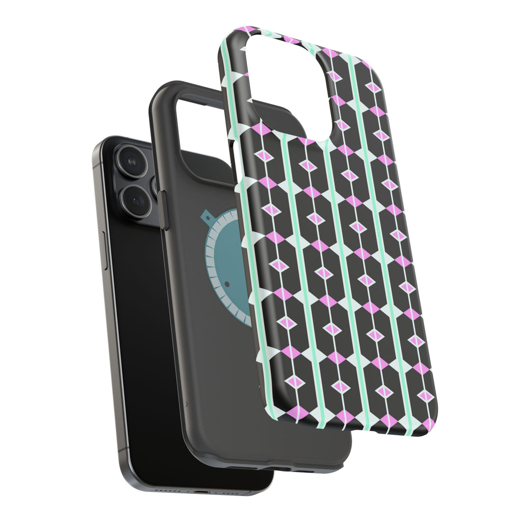 Geom Stripe Magnetic Phone Case — Black with Mint & Lavender Pattern