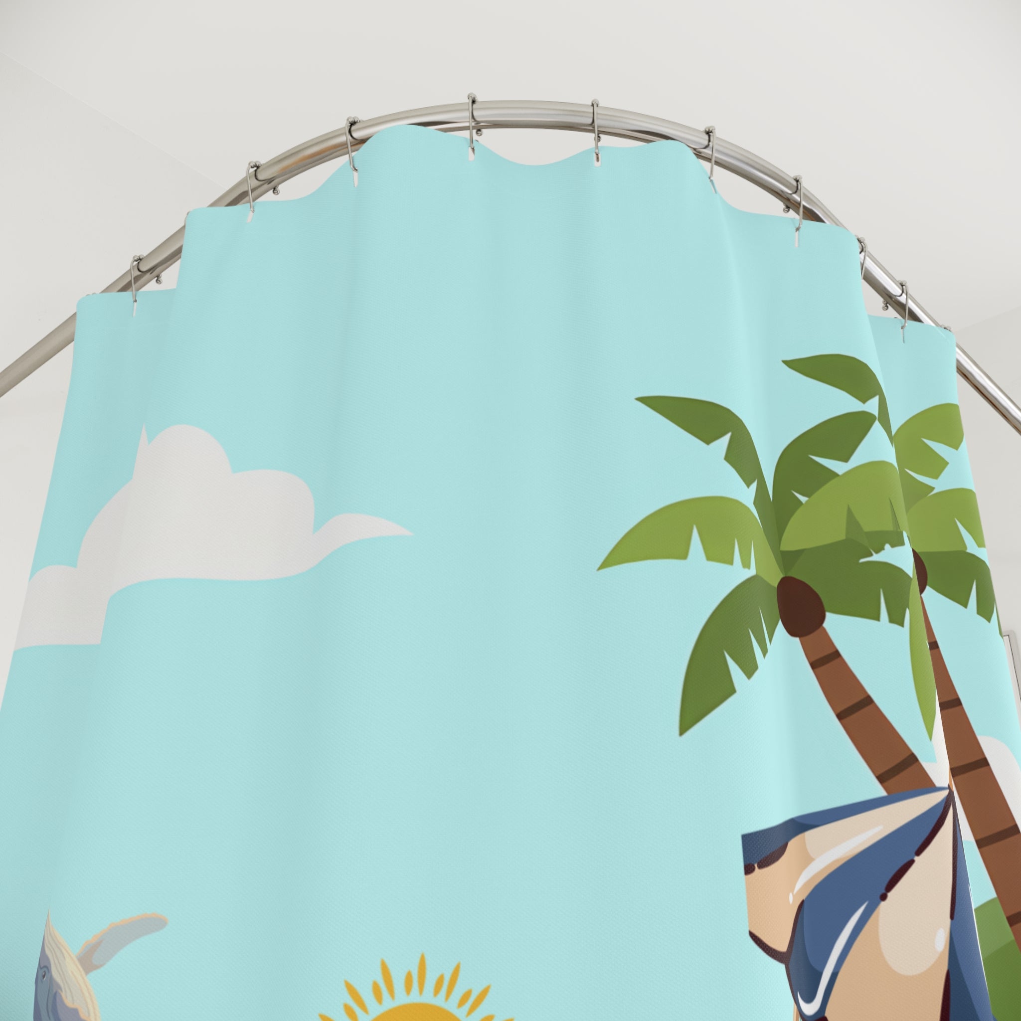 Beach Scene Shower Curtain — Tropical Palm, Umbrella & Sandperson Bathroom Decor